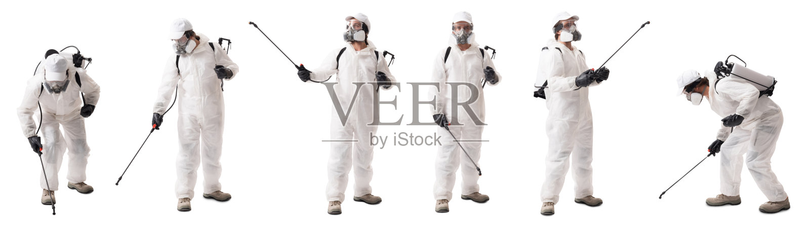身穿防护装备的害虫防治工作人员喷洒农药的拼贴画，孤立在白色背景上照片摄影图片
