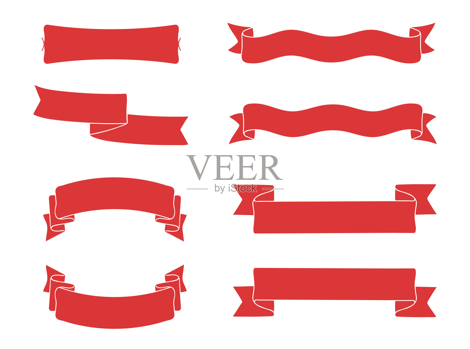 手绘红色丝带横幅集 — 用于标题、头条和促销活动的矢量装饰插画图片素材