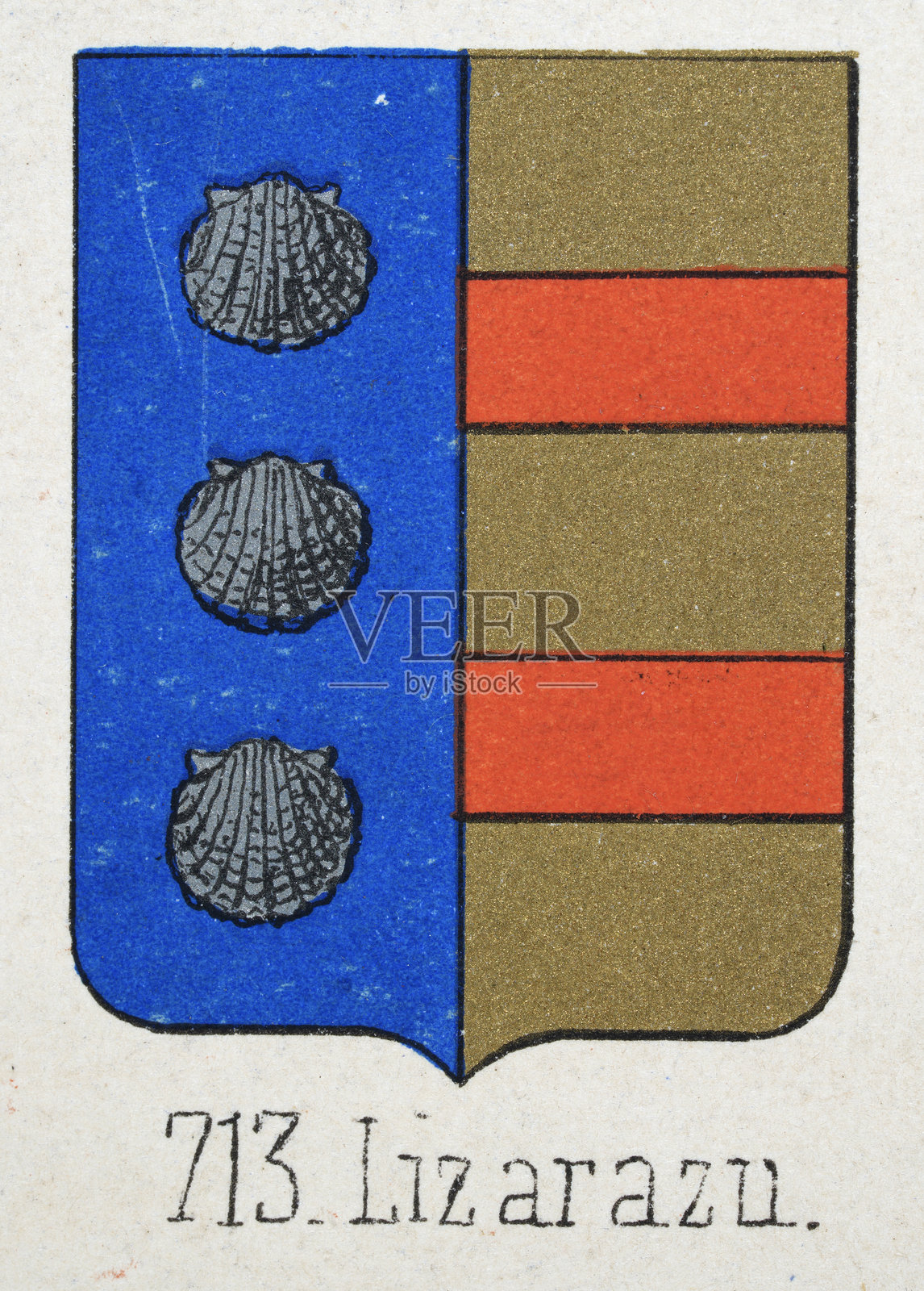 中世纪纹章，纹章，带有银色扇贝、金色和红色条纹的盾牌，西班牙风格，复古插画插画图片素材