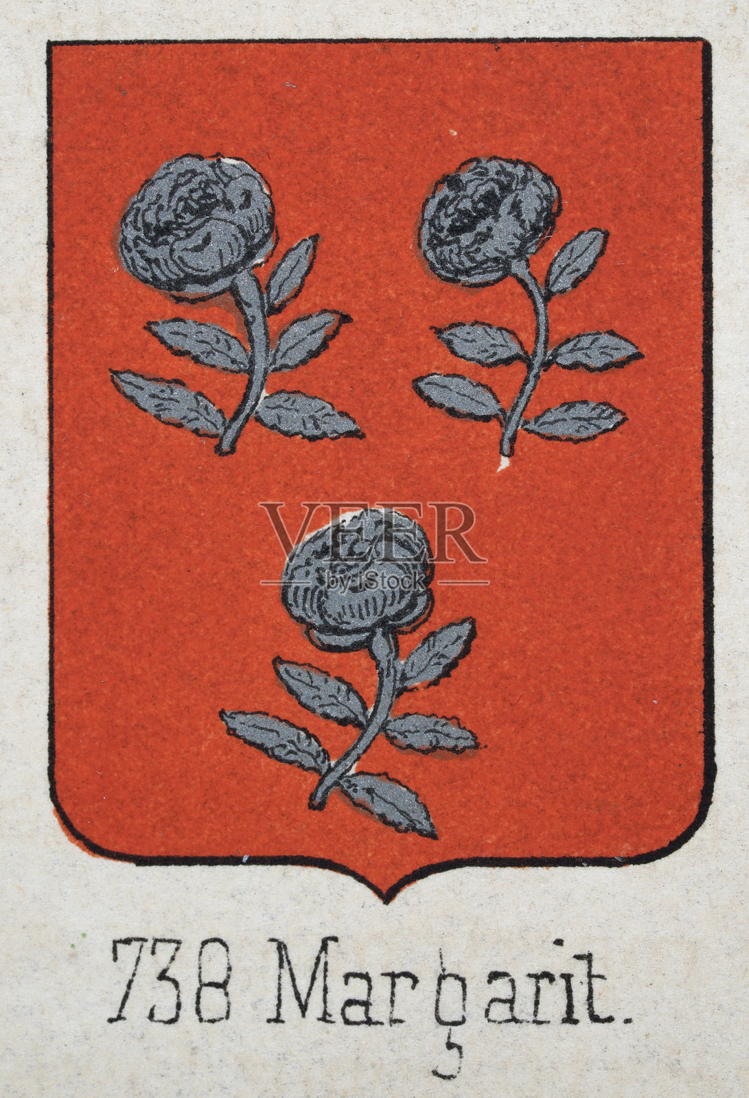 中世纪纹章，纹章，盾牌上有三朵银玫瑰，红色，西班牙，复古插画插画图片素材