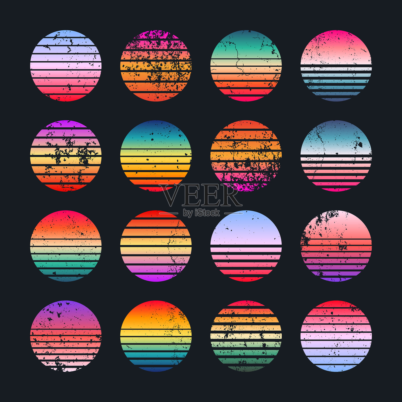 复古多彩的日落。80年代和90年代风格的条纹渐变日出徽章。太阳和海景，夏日氛围，冲浪。用于印刷品、标志或T恤的设计元素。矢量插画插画图片素材