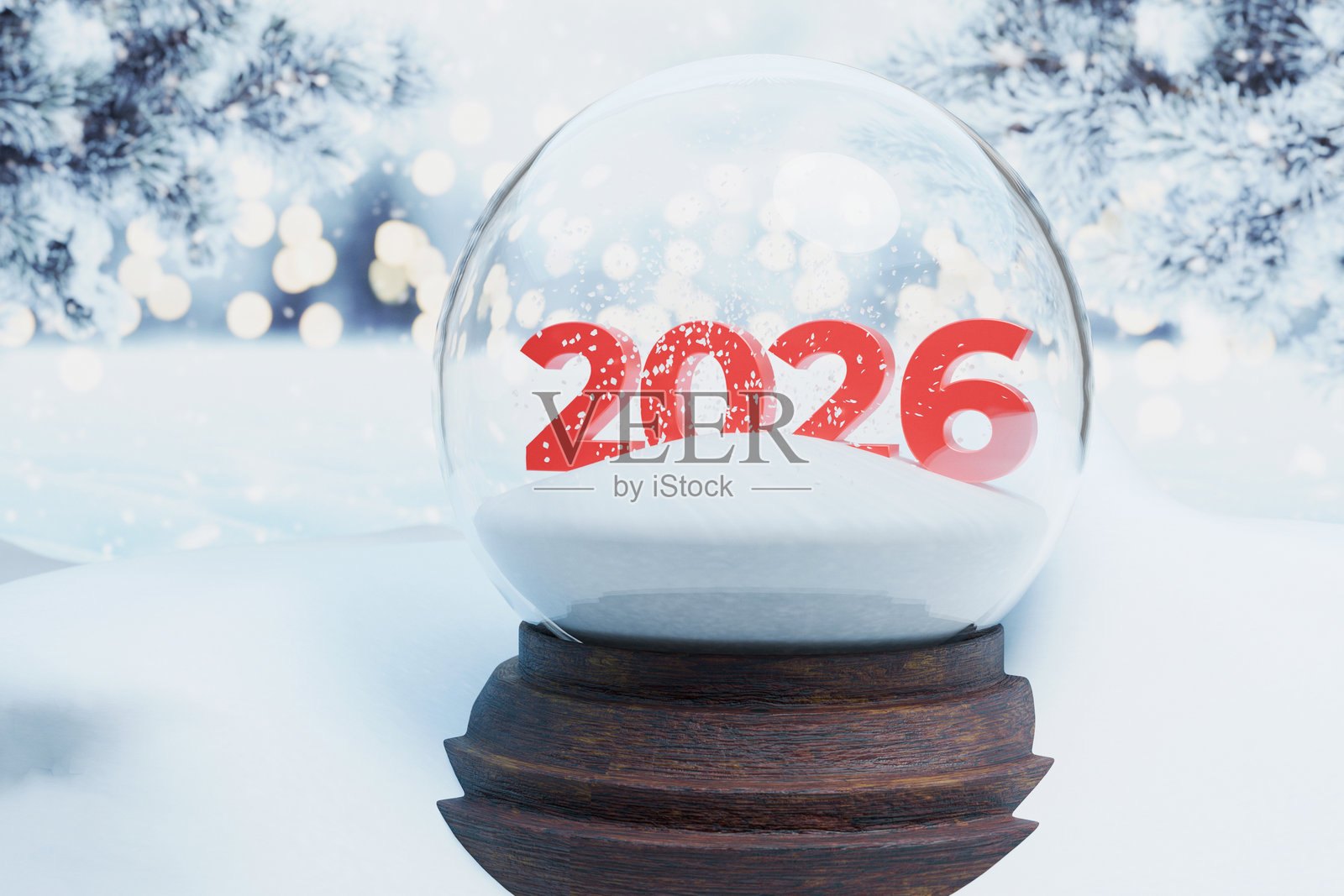 新年 2026 概念。节日的雪花球内有红色的数字 2026，置身于白雪皑皑的冬季景观和散景灯光中。象征着未来、节日季和希望。照片摄影图片