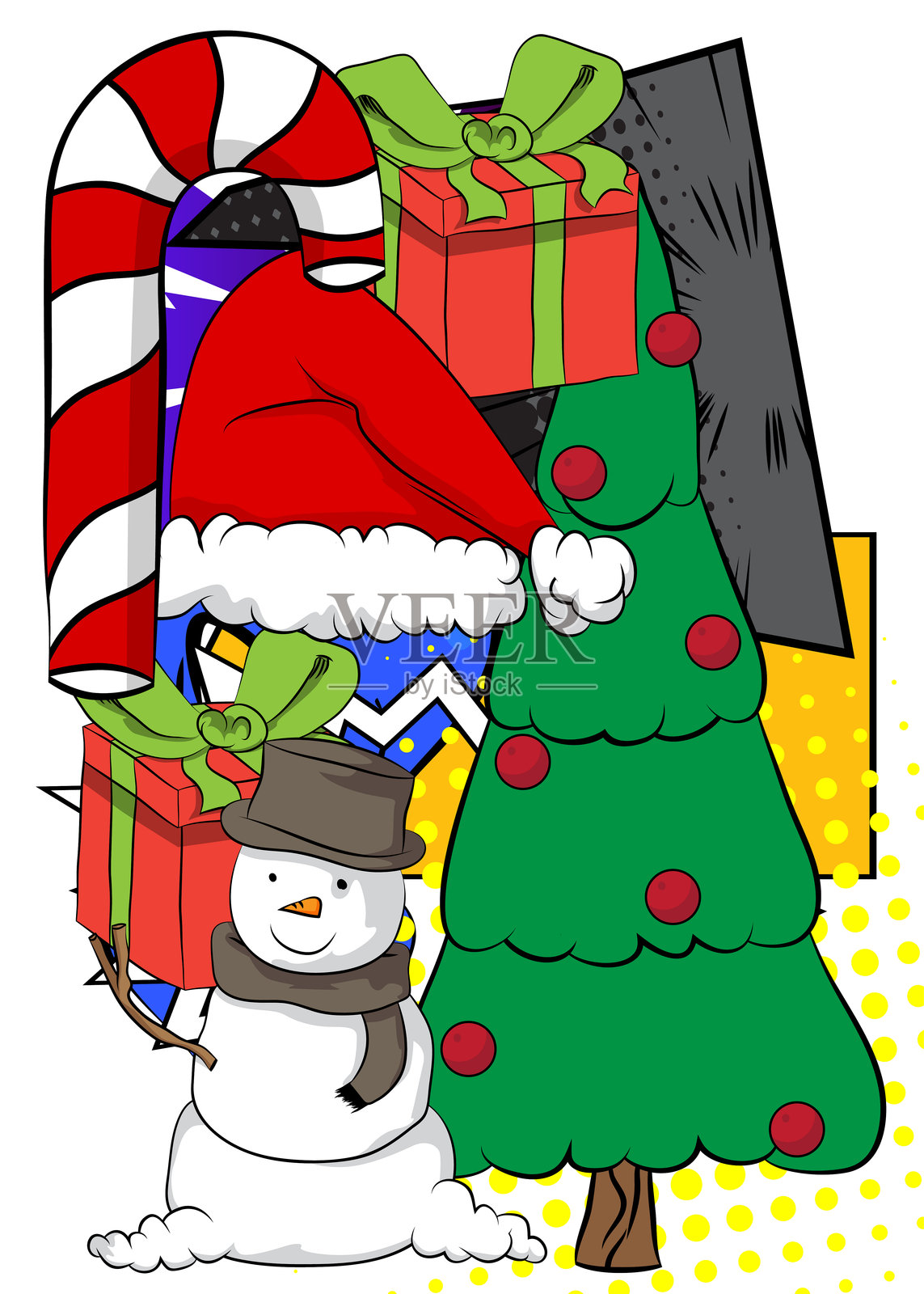 卡通圣诞装饰松树、雪人、礼品盒、拐杖糖、圣诞帽、漫画书假日。复古矢量漫画波普艺术设计。插画图片素材