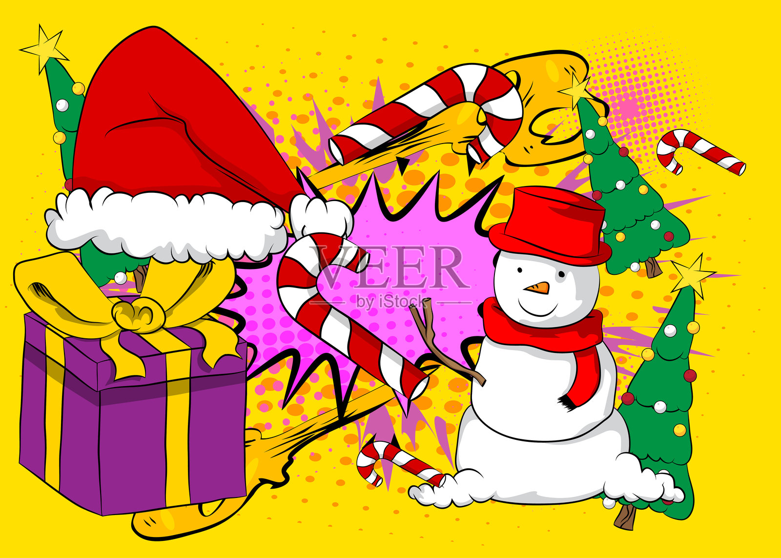 卡通圣诞装饰松树、雪人、礼品盒、拐杖糖、圣诞帽、漫画书节日。复古矢量漫画波普艺术设计。插画图片素材