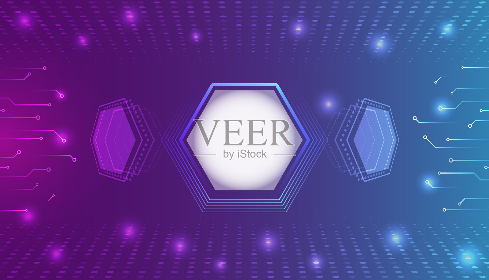 未来主义抽象科技背景，带有发光的六边形界面、霓虹紫蓝渐变、数字粒子和电路线条，象征着创新和高科技系统。插画图片素材