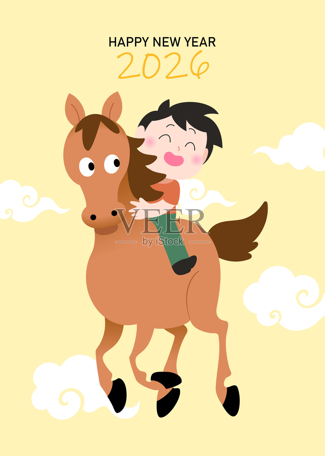 男孩骑在生肖马上插画图片素材