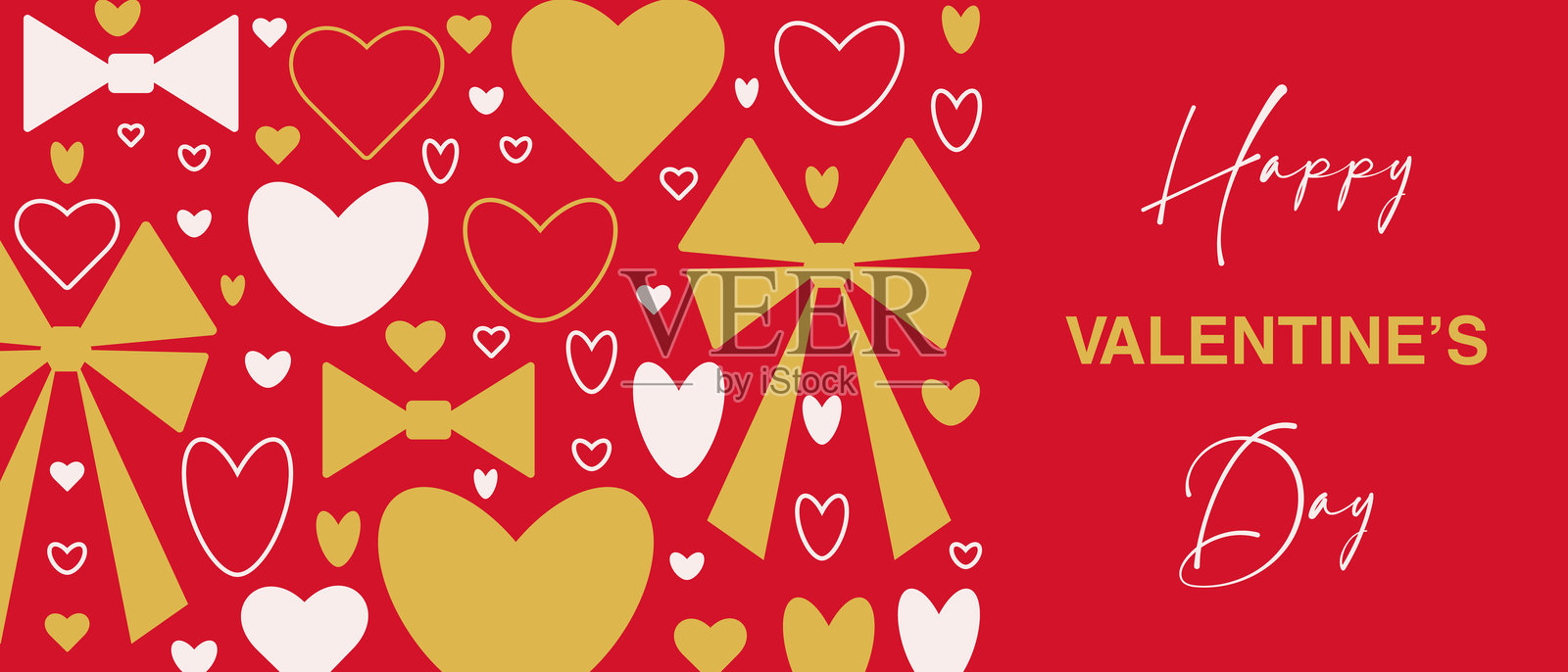 情人节贺卡设计，背景为红色，饰有心形和丝带蝴蝶结，非常适合节日横幅、邀请函和社交媒体。插画图片素材