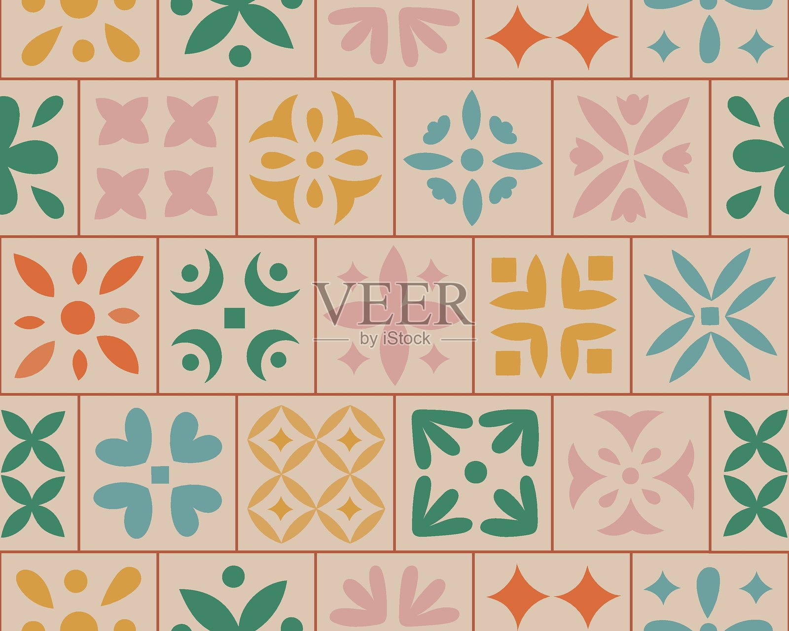 水彩植物装饰柔和色调瓷砖无缝图案，波西米亚风格花卉矢量墙面、地板、织物设计。插画图片素材