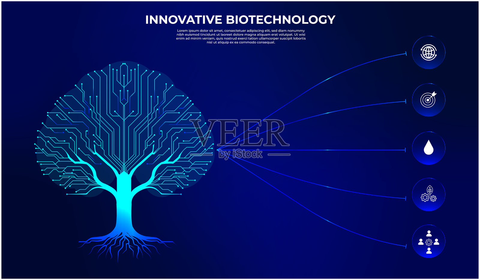 一棵带有数字霓虹电路的树充当交互式核心，五个阶段通过代表生物技术路线图（研究、开发、实施、影响、可扩展性）的渐进线连接。拟态玻璃风格，水晶玻璃。插画图片素材