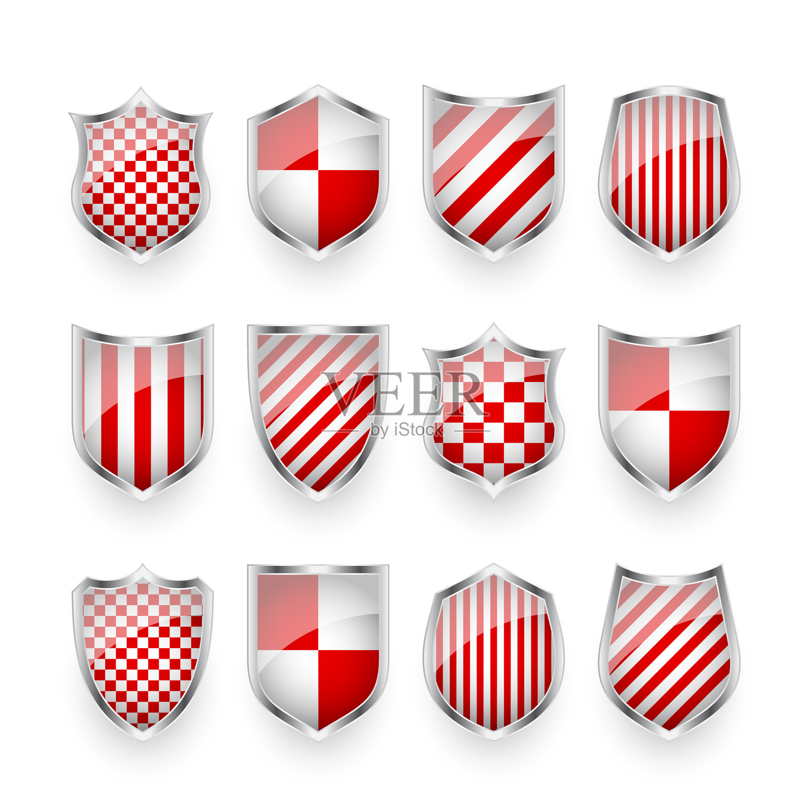 带红、黑、白色的光泽盾牌。安全与保护概念。网络安全图标、互联网隐私、网络防御、数字数据保护和防病毒主题。矢量插画插画图片素材