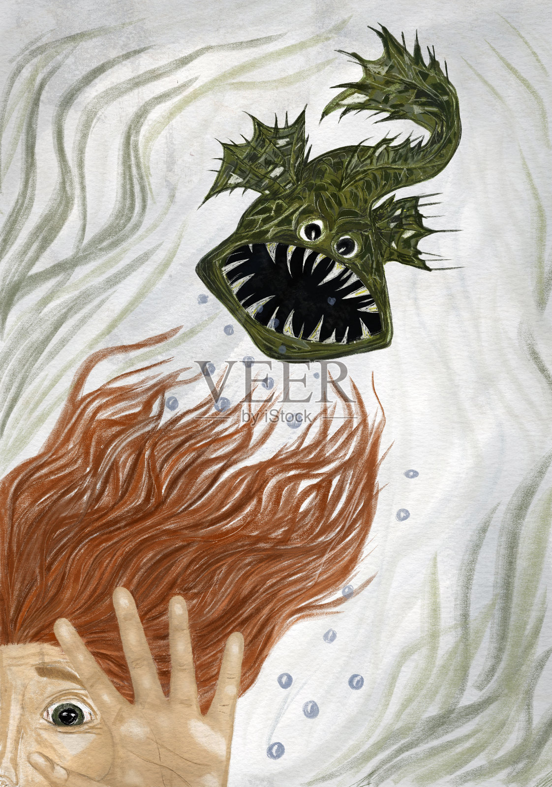 可怕的女人在水下看到怪鱼插画图片素材