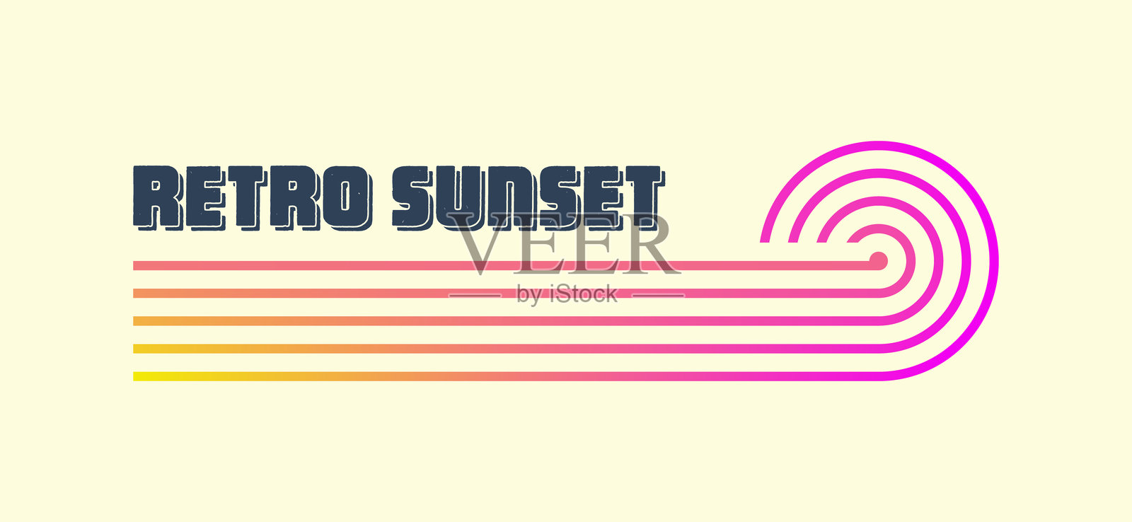 复古多彩的日落。80年代和90年代风格的各种渐变条纹日出徽章。太阳和海洋景观，夏日氛围，冲浪。用于印刷品、徽标或T恤的设计元素。矢量插图插画图片素材