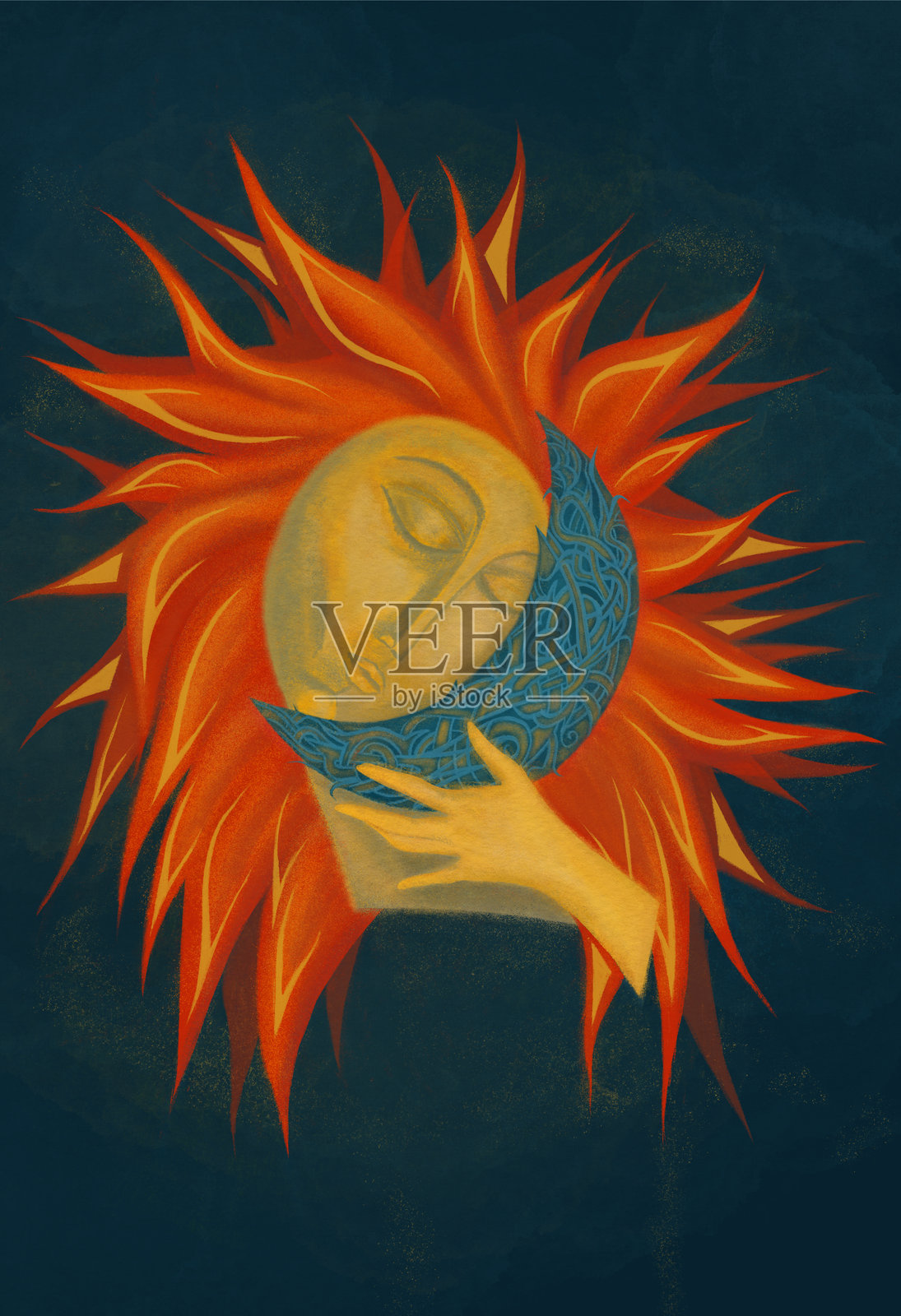 太阳女神拥抱月亮的抽象画插画图片素材