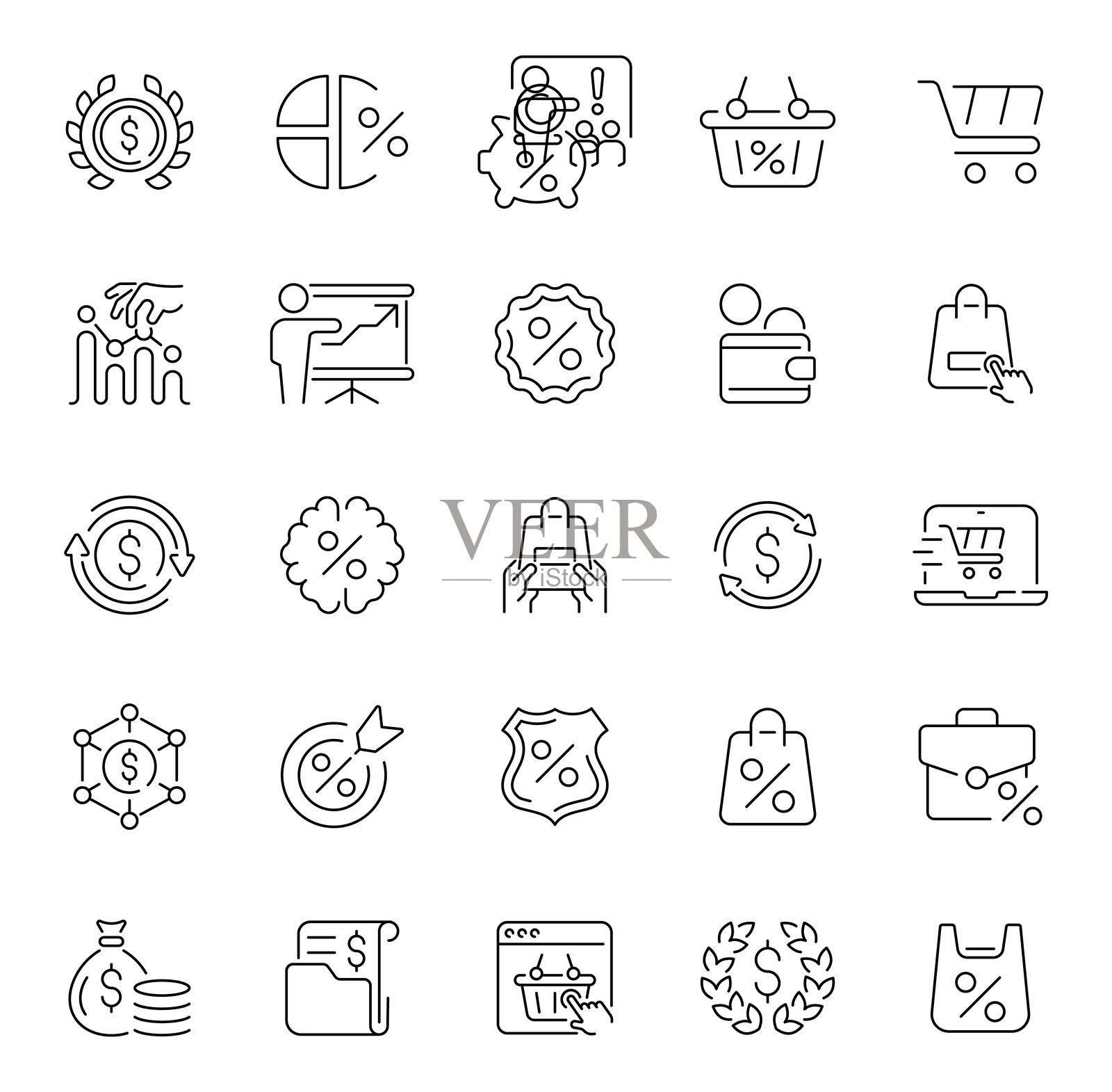 百分比标签、降价、促销横幅、优惠券和促销徽章，专为商业用途设计。零售主题的 50 个线性图标，与折扣和购物优惠相关。插画图片素材