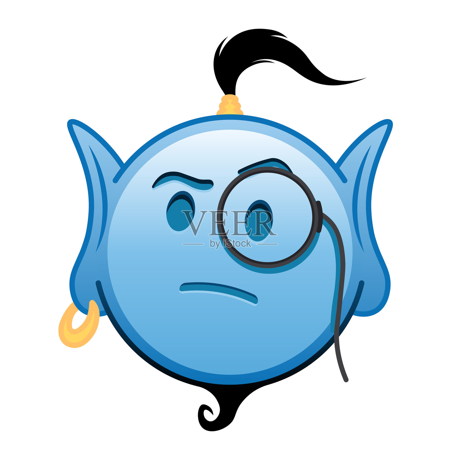 戴单片眼镜的蓝色卡通精灵表情符号插画图片素材