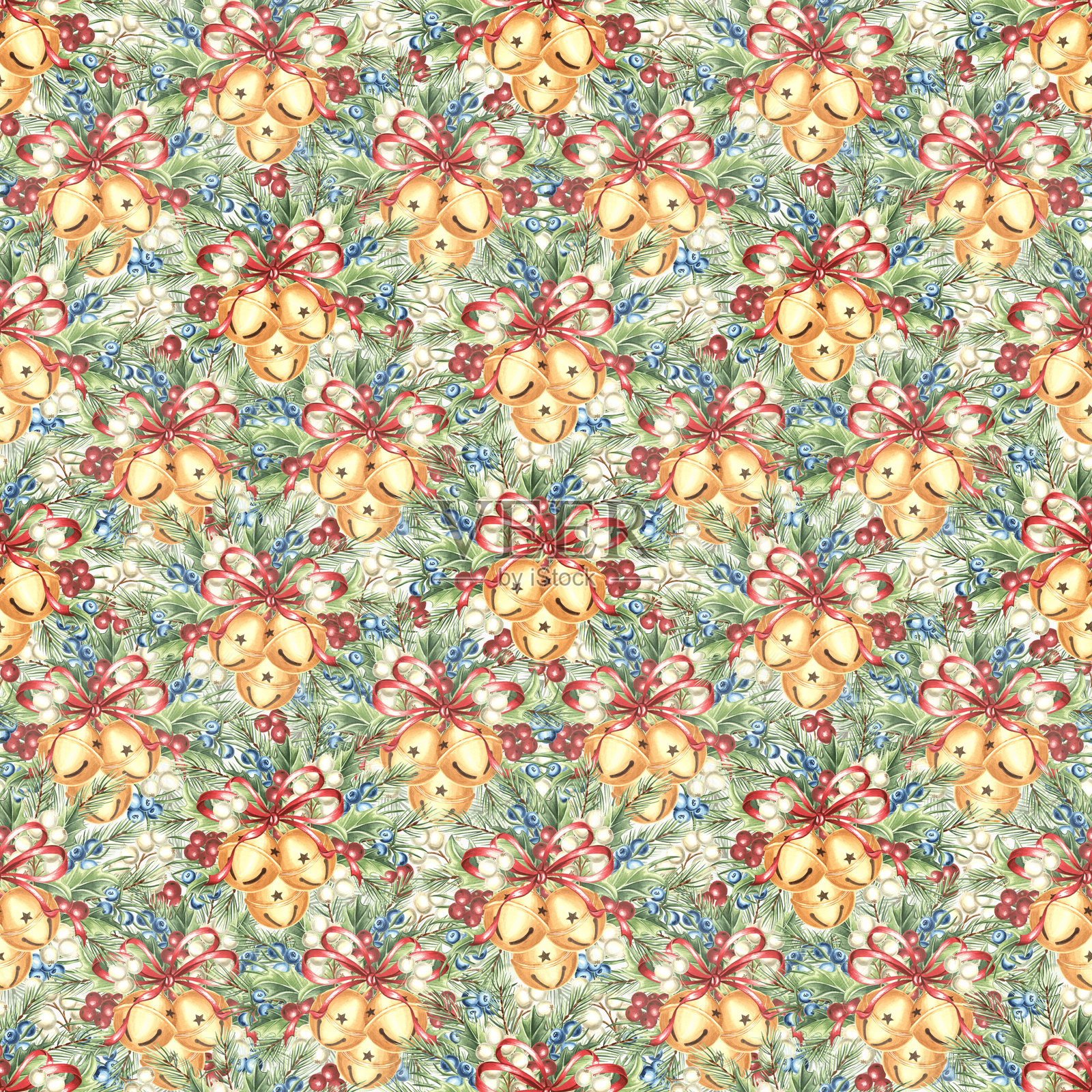 水彩金色圆形铃铛，配有丝带蝴蝶结和彩色浆果插画图片素材