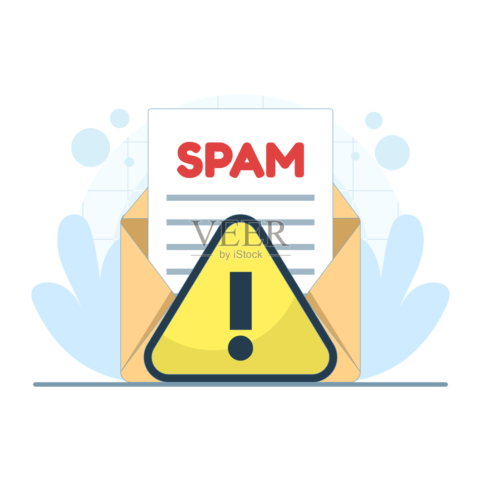 垃圾邮件邮箱概念插画，展示了被大量垃圾邮件淹没的收件箱。象征着电子邮件垃圾邮件、数字安全问题、网络威胁和在线通信问题。插画图片素材