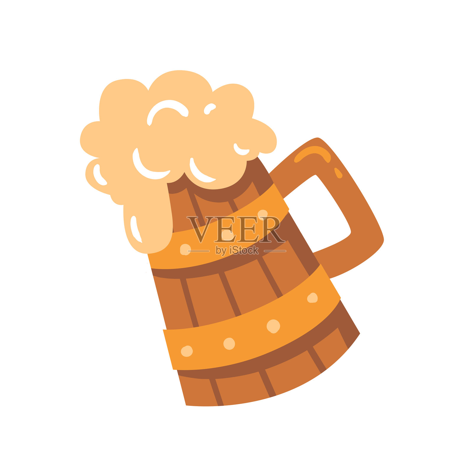 卡通风格的木制啤酒杯。趣味插画，适用于圣帕特里克节邀请函、海报、派对图文和酒吧主题设计。插画图片素材