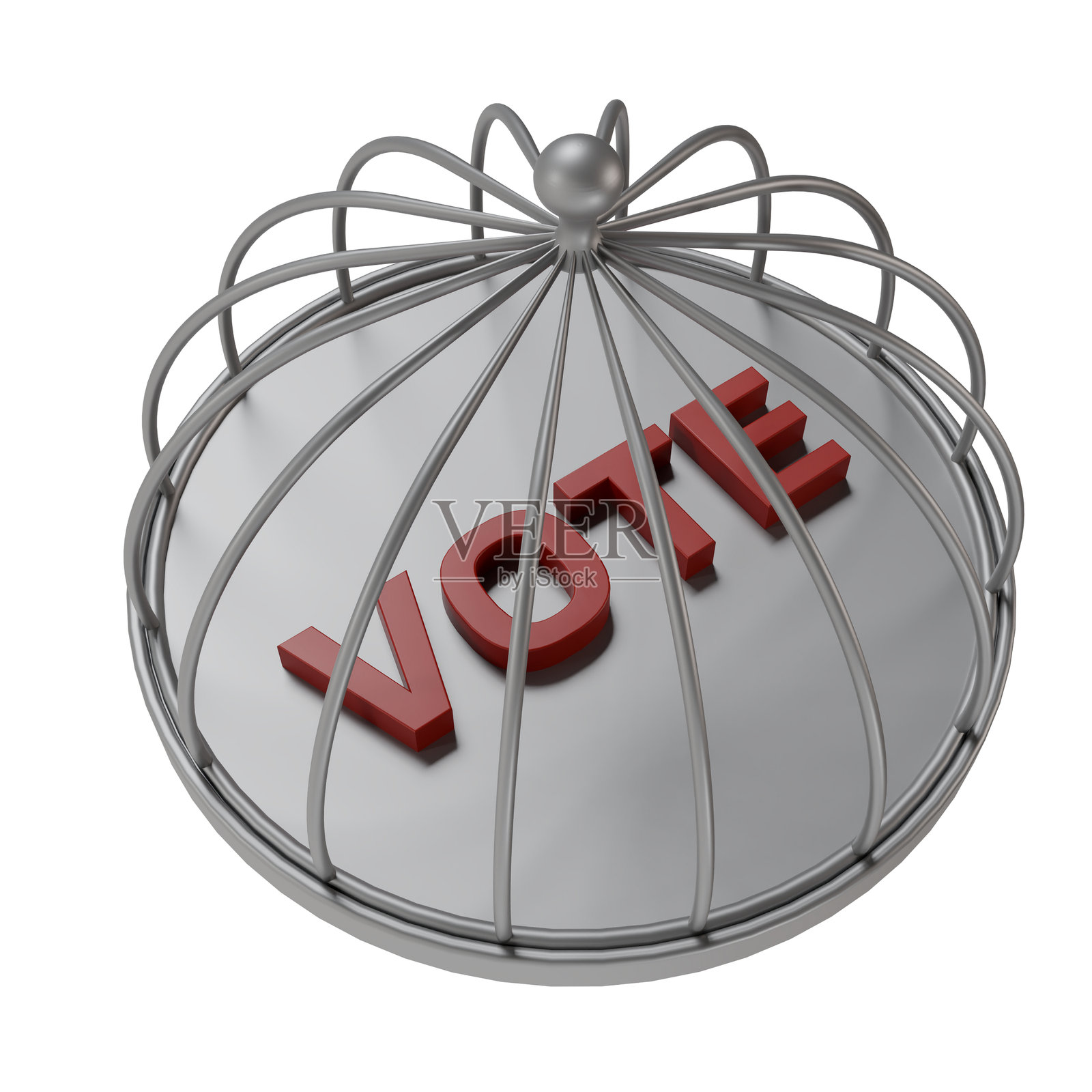 金属笼子里的“投票”字样3D渲染图。象征着选民压制、民主受限和选举干预，代表政治禁锢和公民权利受限。照片摄影图片