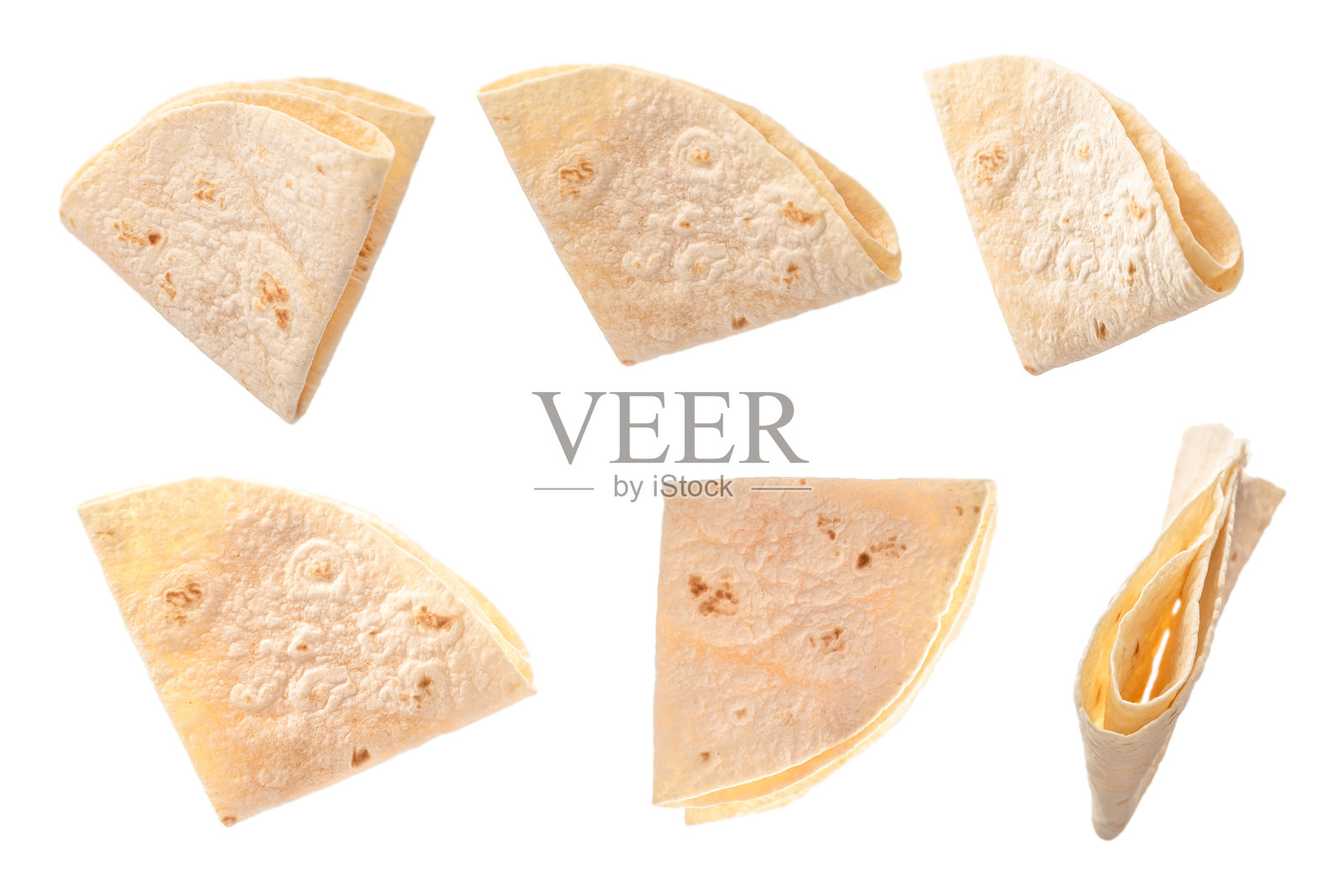 折叠的墨西哥薄饼，孤立在白色背景上，一组照片摄影图片