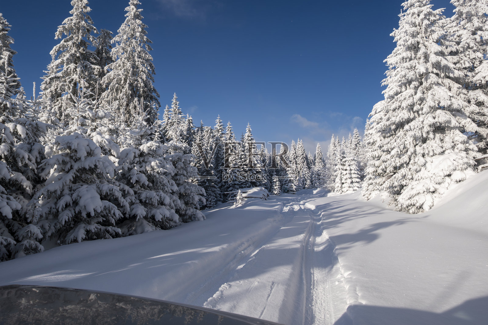 冬季仙境中覆盖着雪的风景林间小路照片摄影图片