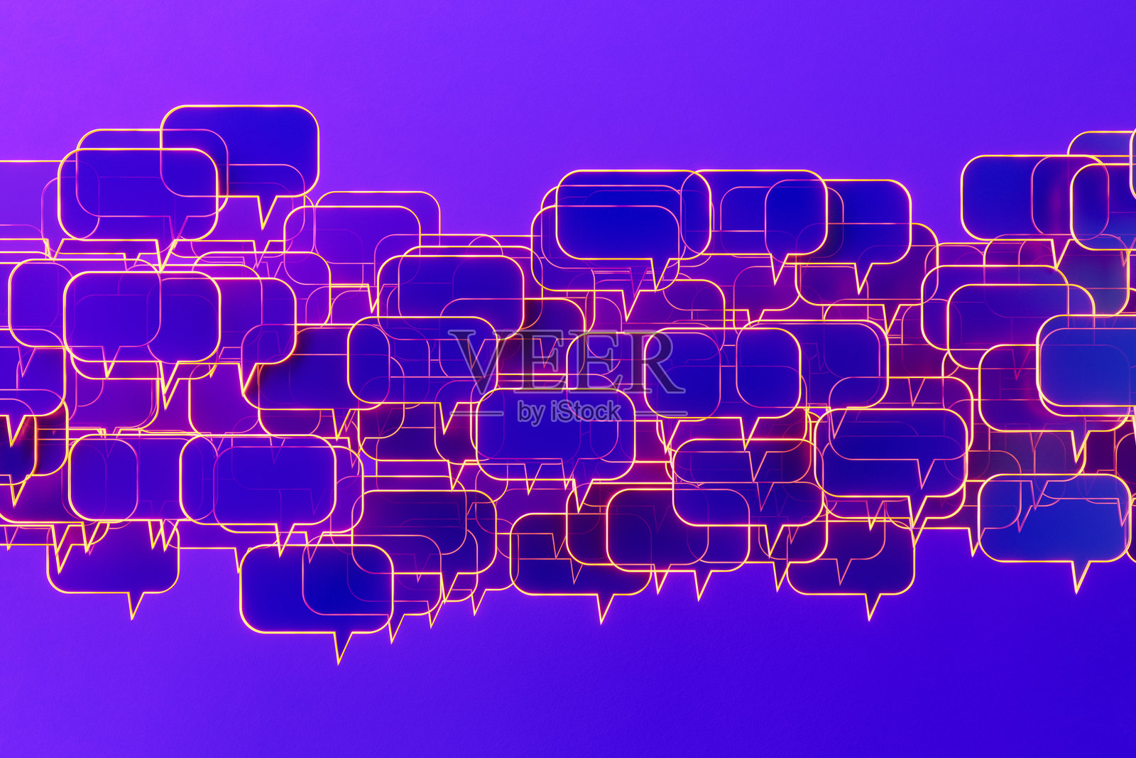 抽象的多个发光语音气泡，背景为紫色渐变，人工智能聊天机器人助手和数字通信技术概念照片摄影图片