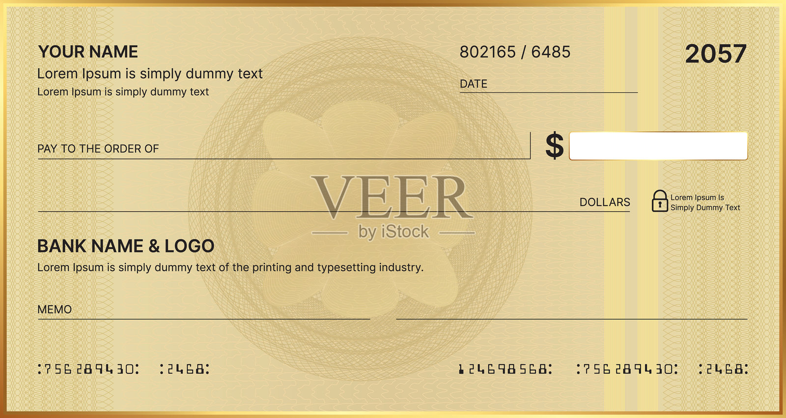 空白银行支票、支票簿支票模板或付款纸张凭证，矢量模型图。来自支票簿的商业或个人账户现金支付支票证明或薪水支票优惠券插画图片素材