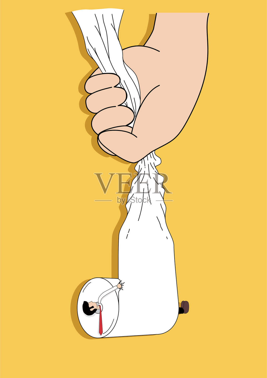 一个系着红领带的办公室男职员被卡在厚纸卷中间插画图片素材