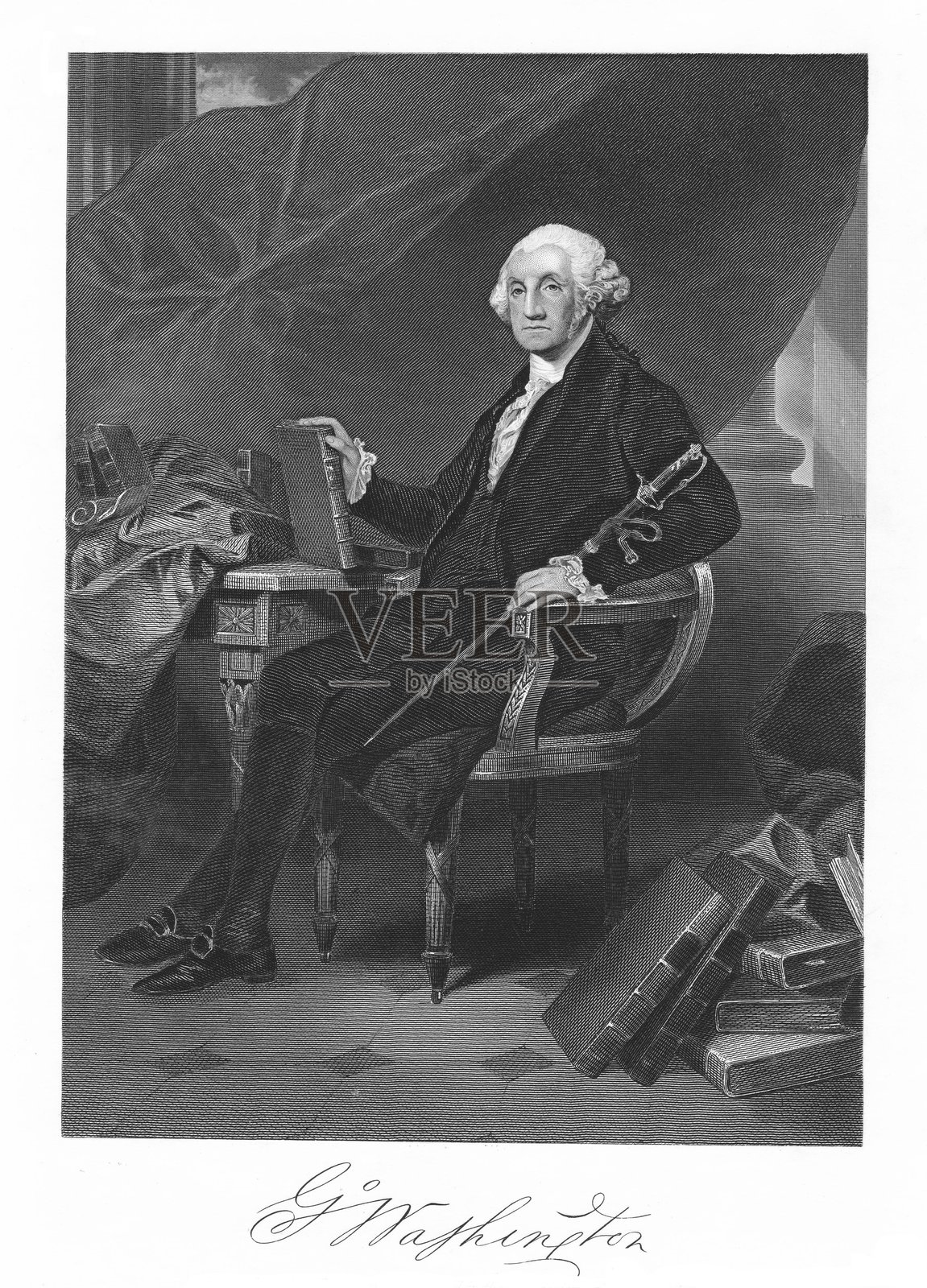 乔治·华盛顿肖像及签名，美国首任总统，独立战争，国父插画图片素材