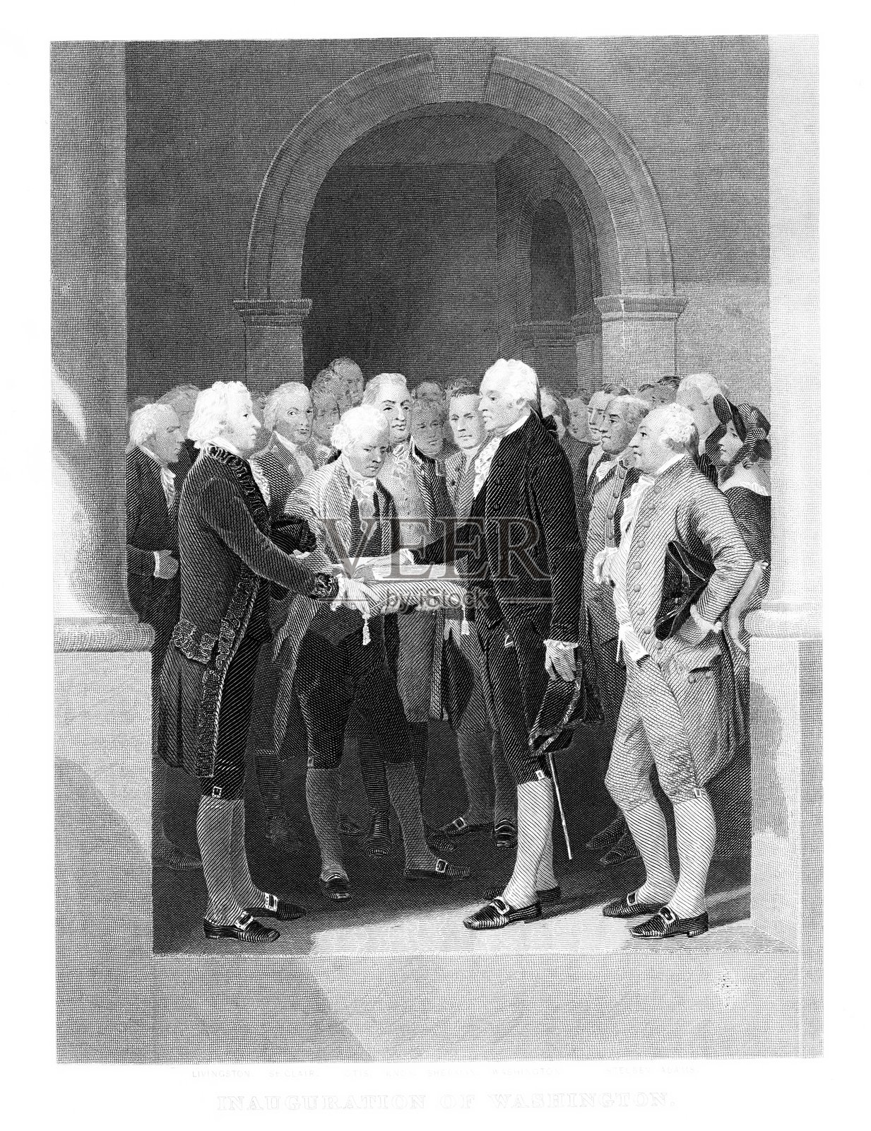 乔治·华盛顿宣誓就任美国第一任总统，建国元勋，18世纪美国历史插画图片素材