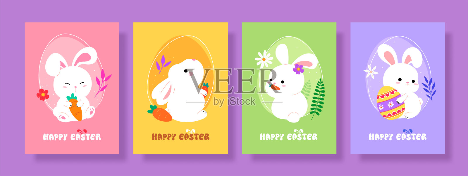 竖版复活节卡片套装，包含可爱的兔子角色插画图片素材