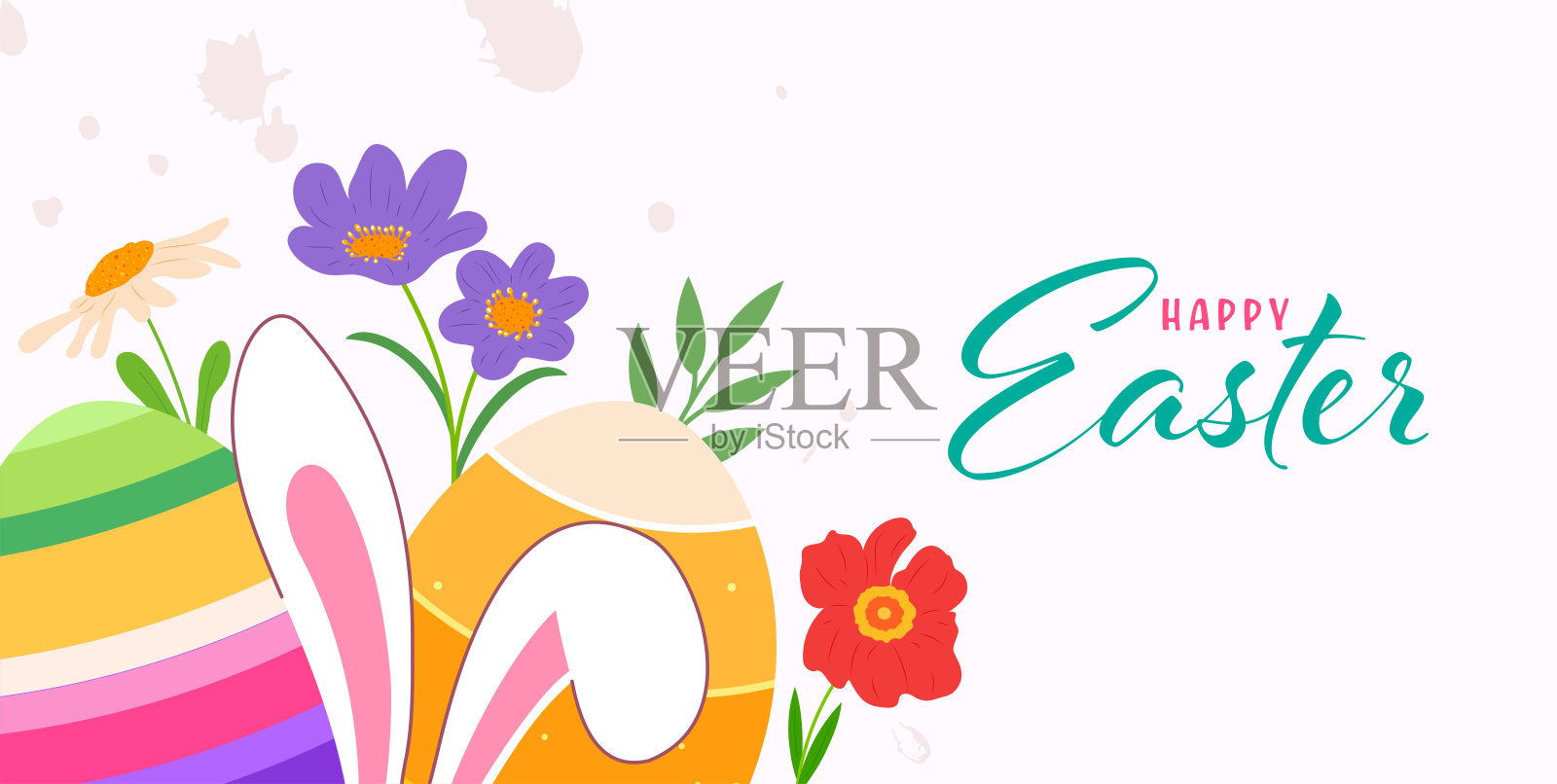 兔子耳朵和彩蛋的复活节快乐横幅插画图片素材