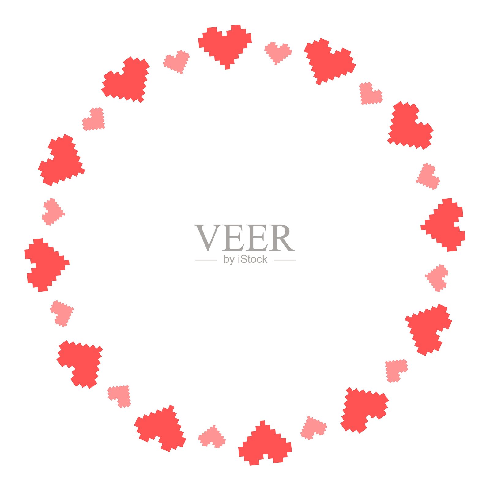 由红色和粉色像素心组成的圆形矢量边框。爱情边框设计。矢量8位像素插图。装饰性心形模板插画图片素材