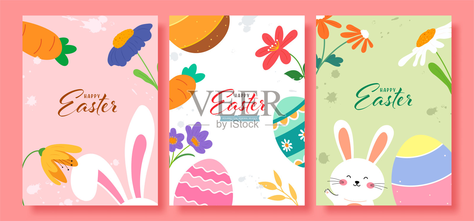 垂直复活节卡片模板，带有兔子和彩蛋插画图片素材