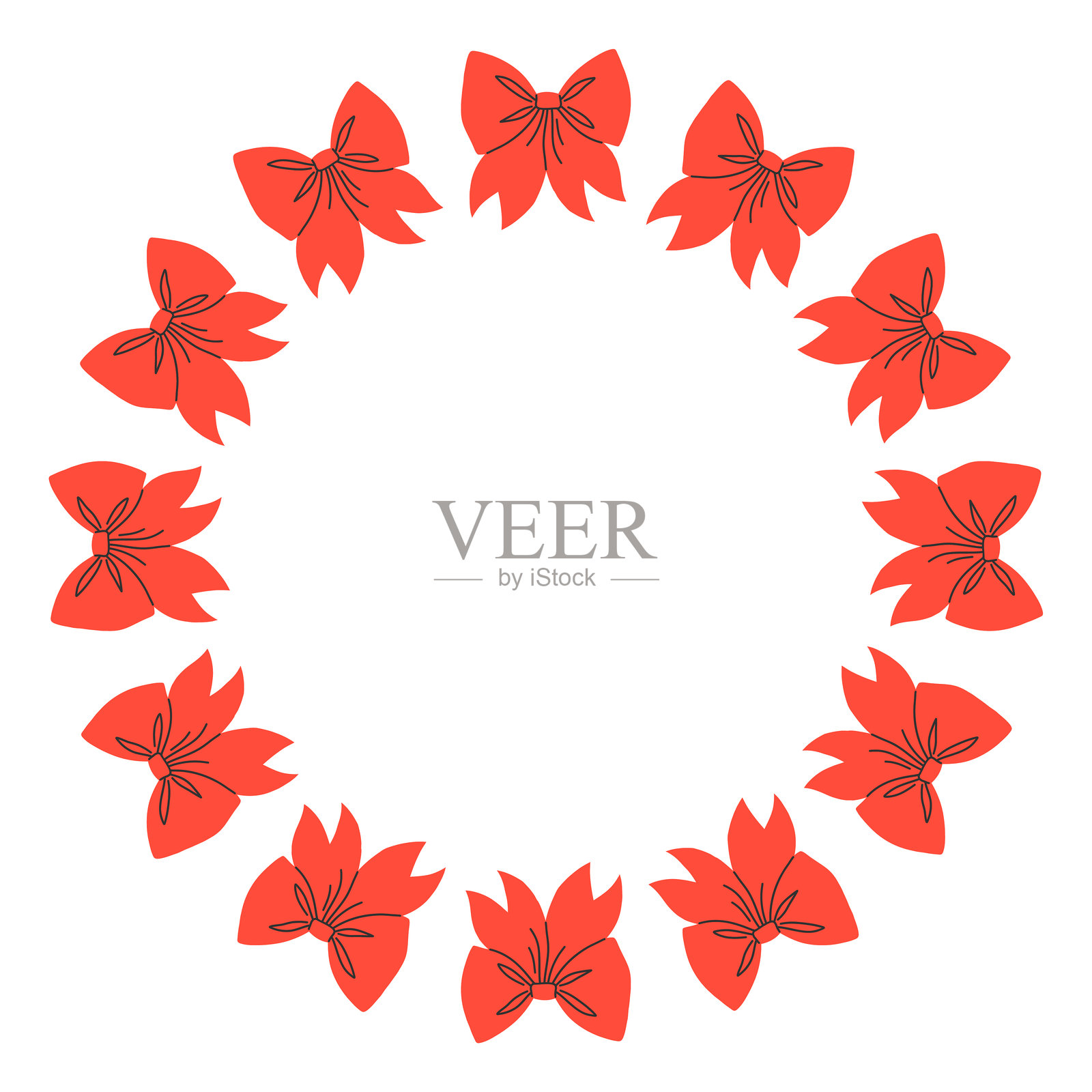 由红色缎带蝴蝶结组成的圆形矢量相框。蝴蝶结相框设计。矢量插图。可爱的装饰模板。插画图片素材