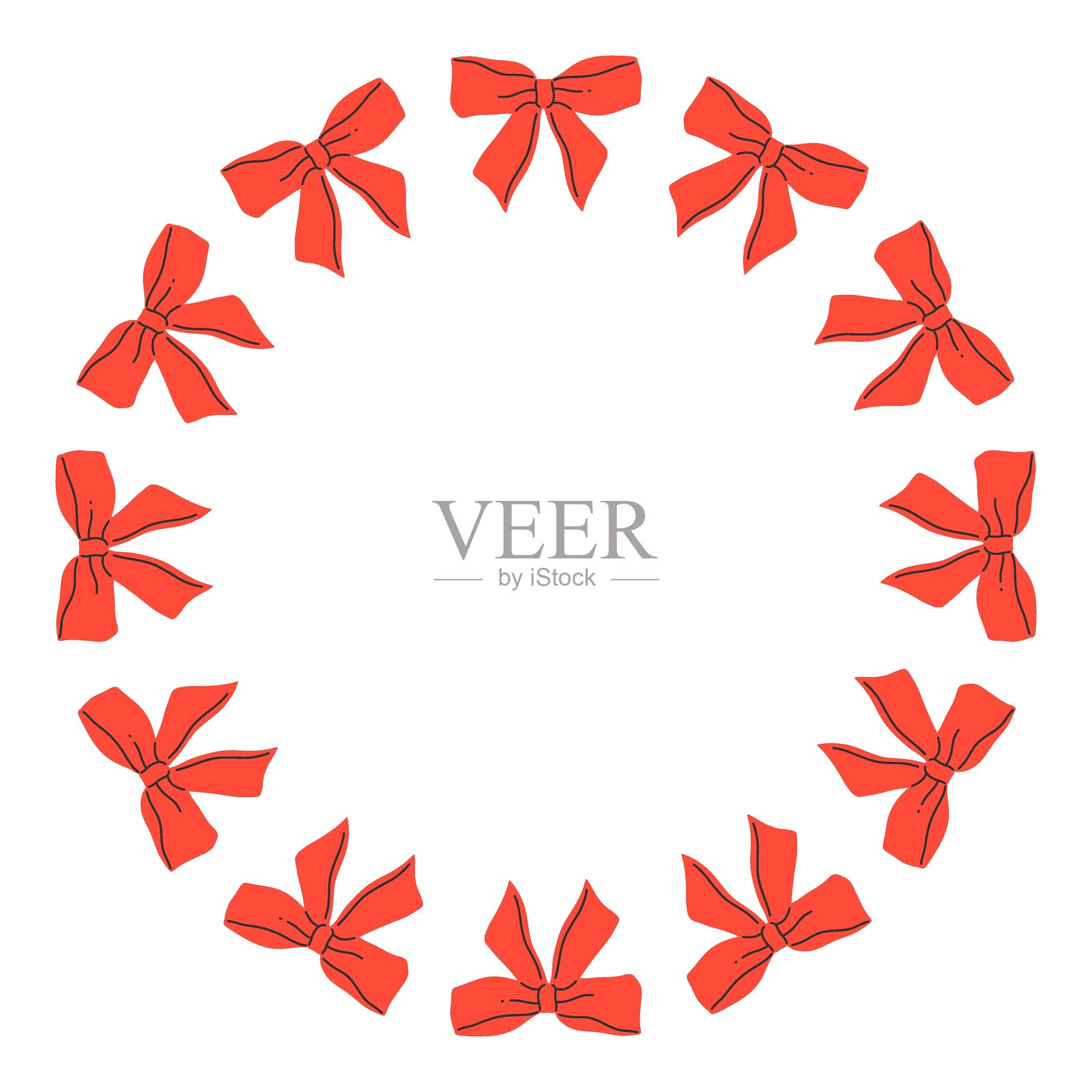 由红色缎带蝴蝶结组成的圆形矢量相框。蝴蝶结相框设计。矢量图。可爱的装饰模板插画图片素材