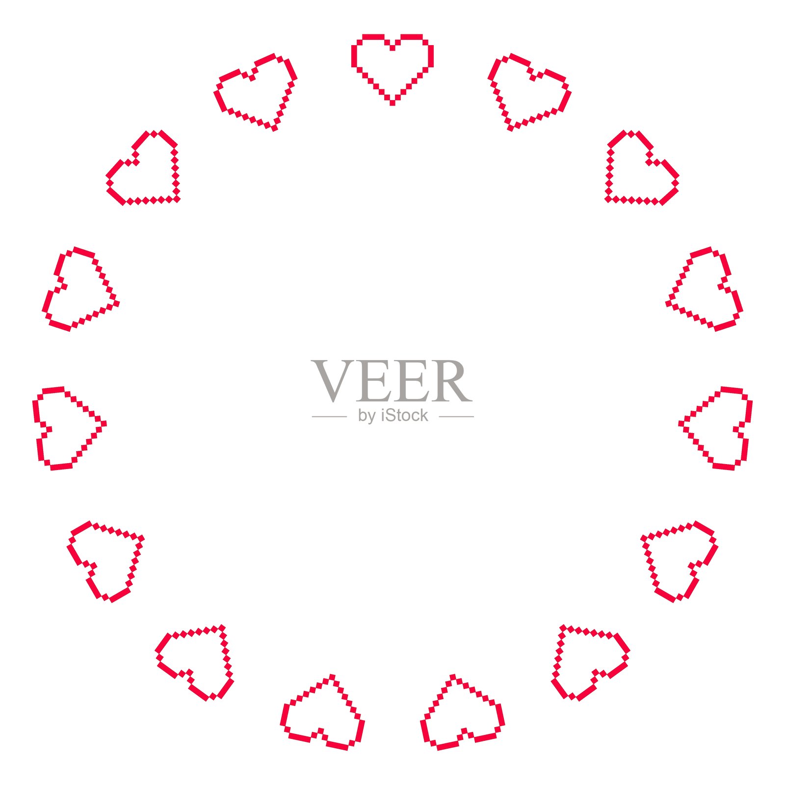 由粉色像素心组成的圆形矢量相框。爱心相框设计。矢量8位像素插画。装饰性心形模板插画图片素材