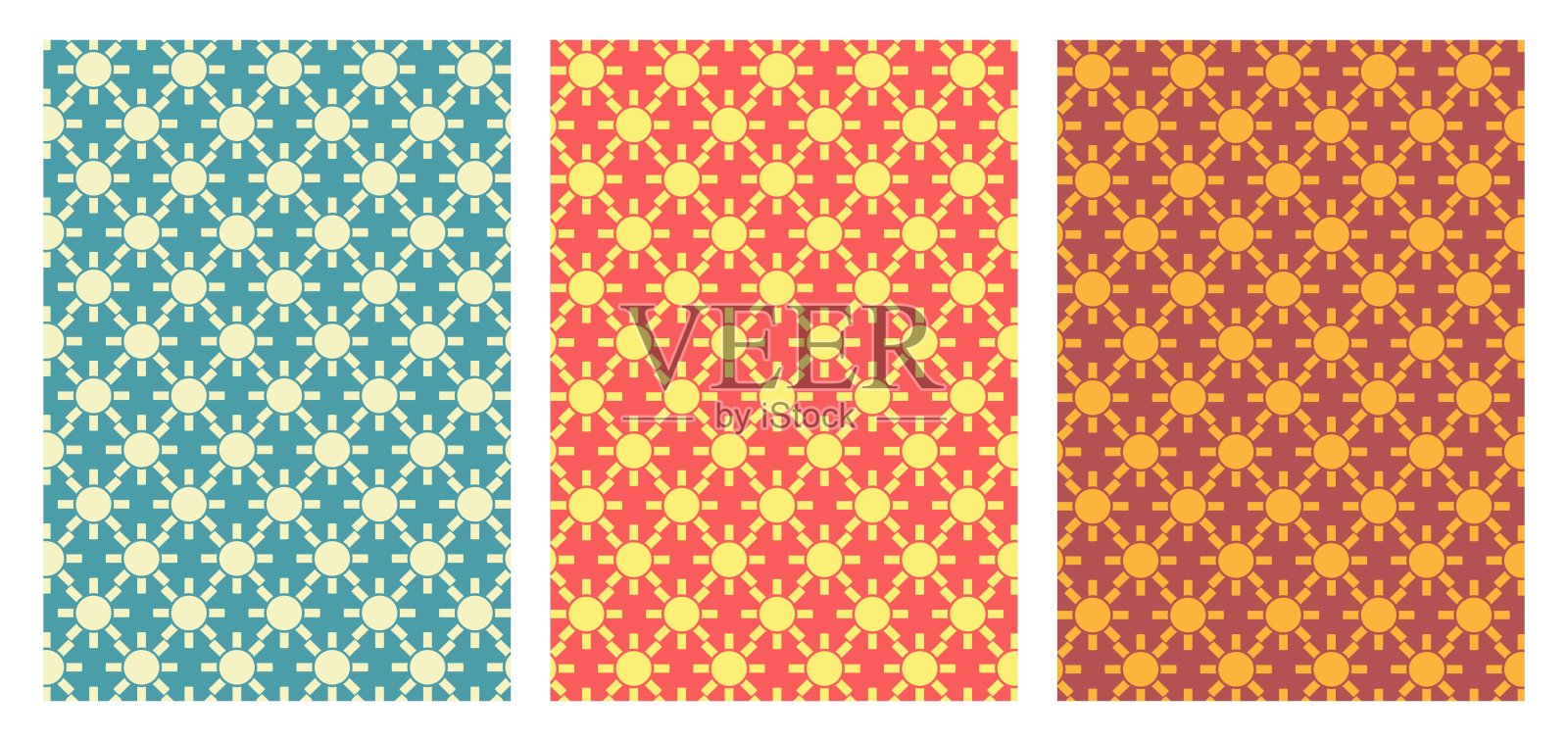 一套三款装饰性垂直图案，采用无缝几何太阳图案，有青色、粉色和橙色调色板，适用于节日文具、夏季纺织品和优雅包装插画图片素材