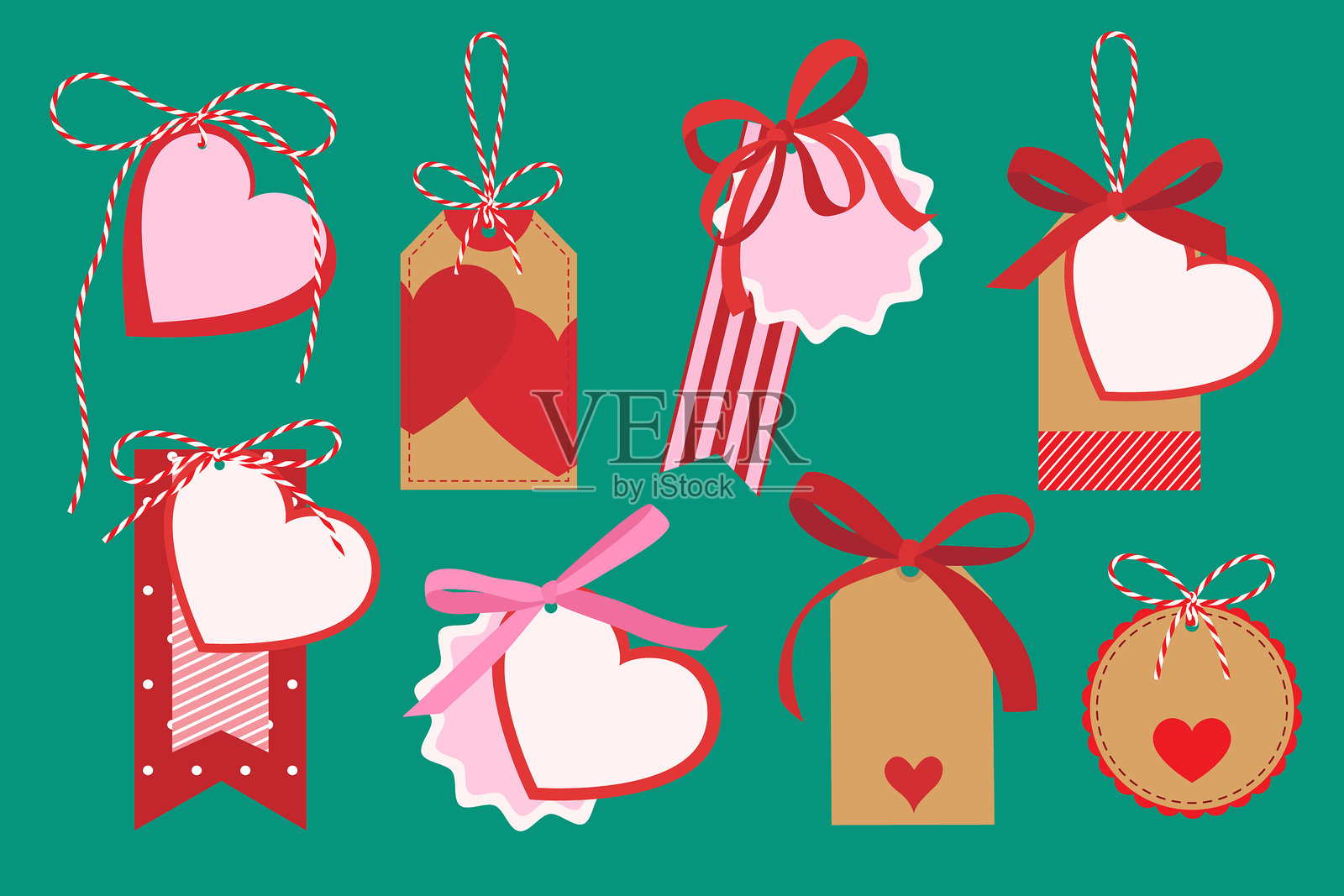 手绘扁平化风格的带有蝴蝶结、爱心和丝带的情人节标签插画图片素材