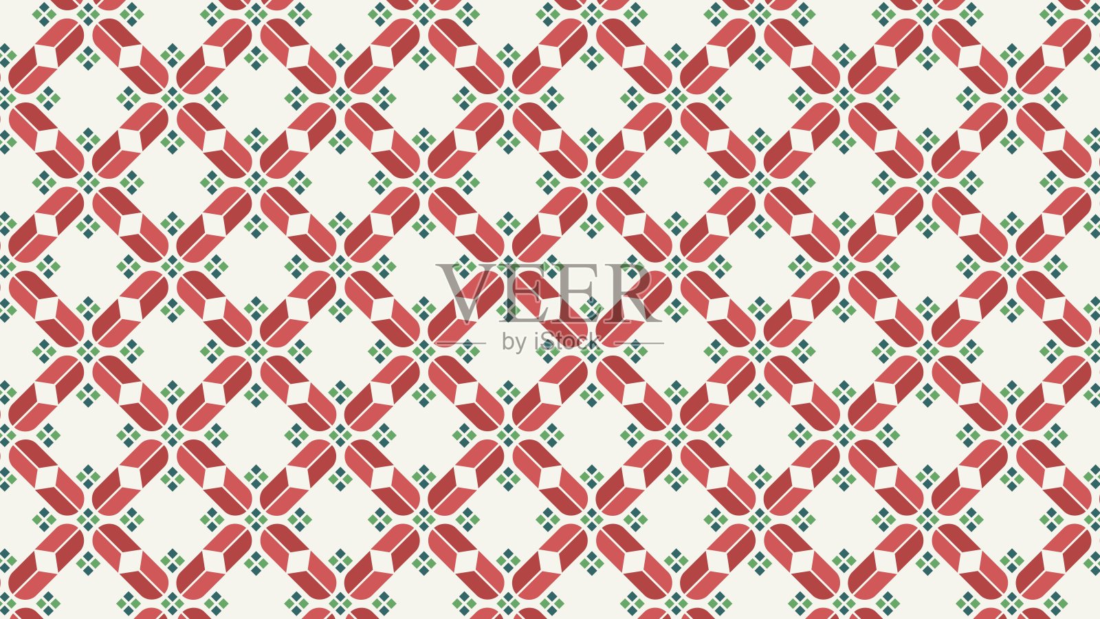 红药丸形状元素菱形网格无缝装饰图案，背景为灰白色，点缀着小绿方块，非常适合节日纺织品和优雅包装插画图片素材