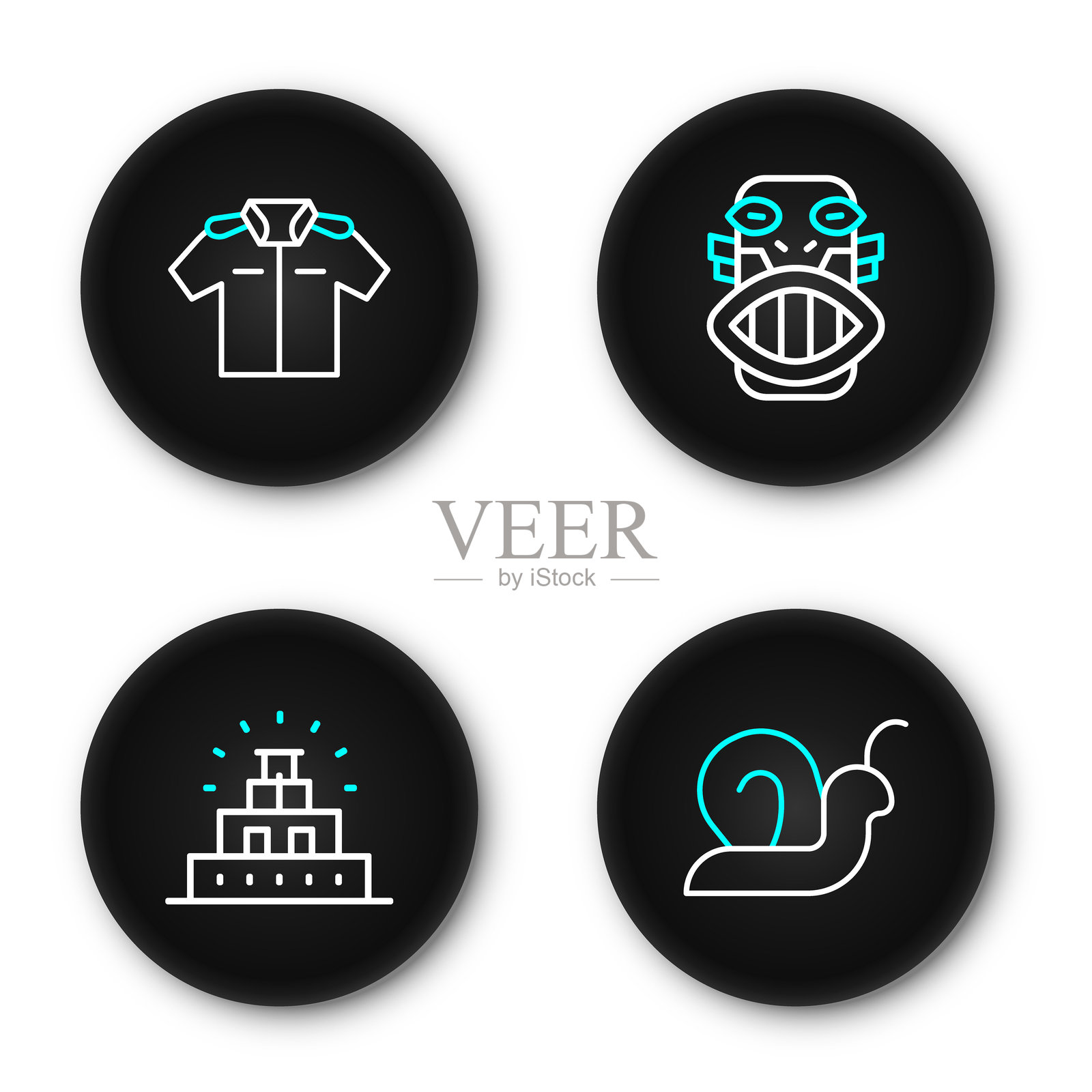 蜗牛、奇琴伊察玛雅风格、墨西哥玛雅或阿兹特克面具和衬衫图标的线条集合。矢量图插画图片素材