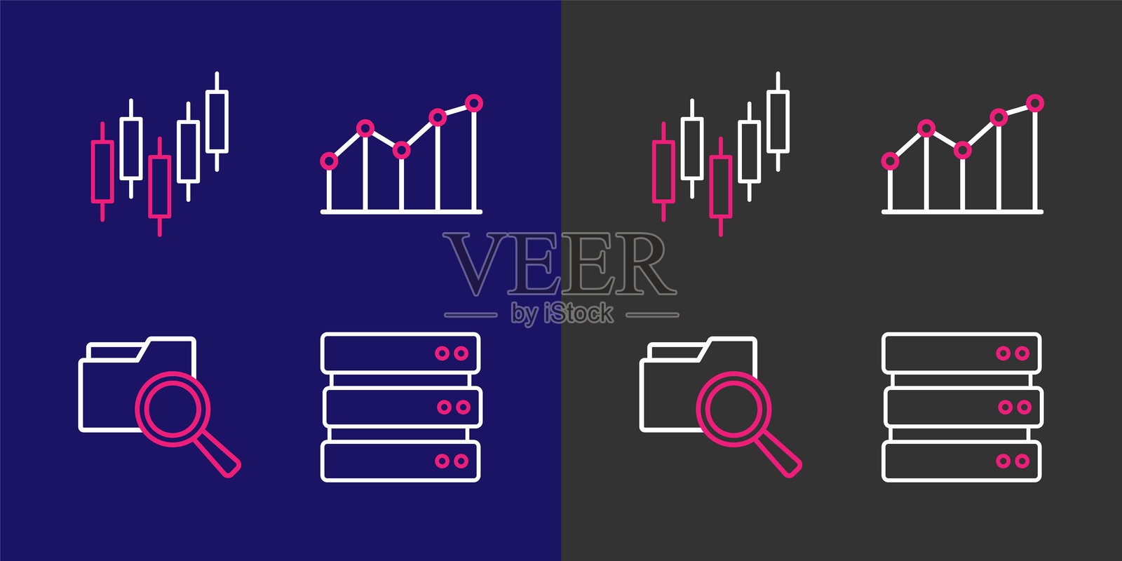 服务器、带文件夹的搜索、饼图信息图和浏览器股票市场图标的线条集合。矢量图插画图片素材
