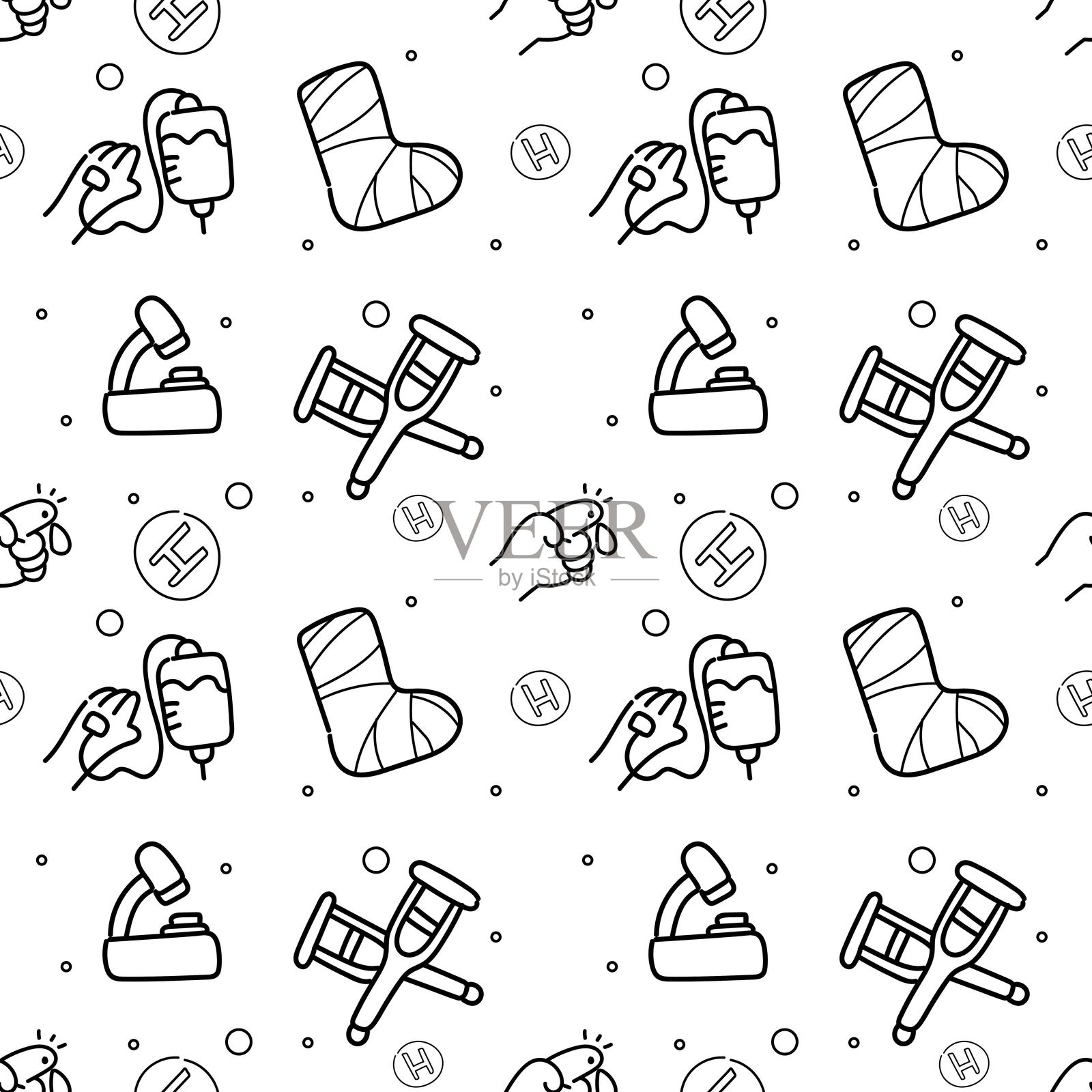 医疗保健图案无缝背景救护车DNA注射器医院眼睛剪贴板丝带矢量插图涂鸦插画图片素材