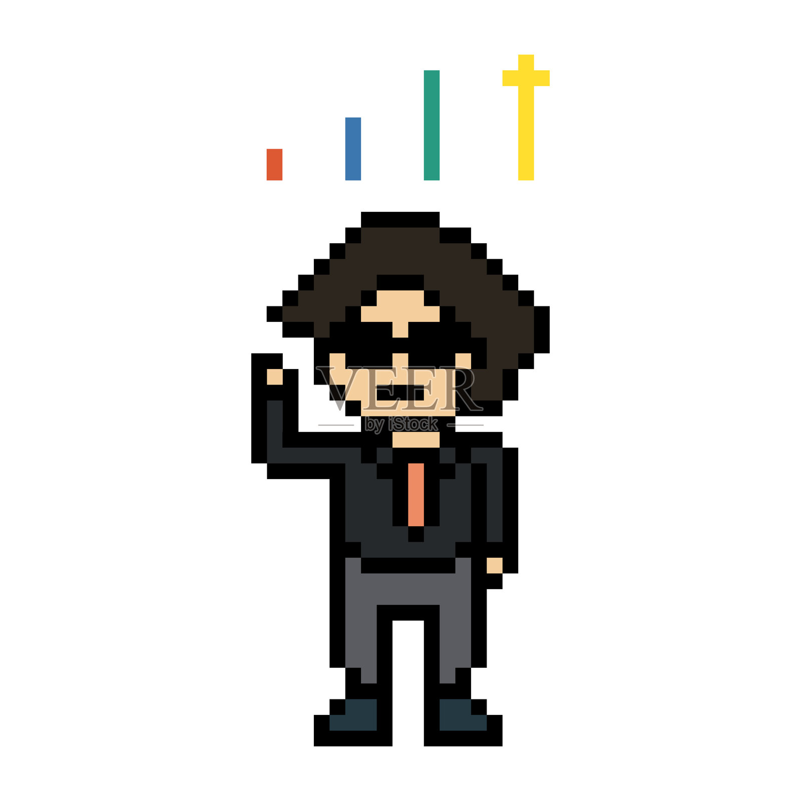 8位像素风格的商人在办公室里，通过放大镜进行规划和调查，解决问题，包含工作、分析、领导者、背景、商业概念等元素，卡通风格。插画图片素材