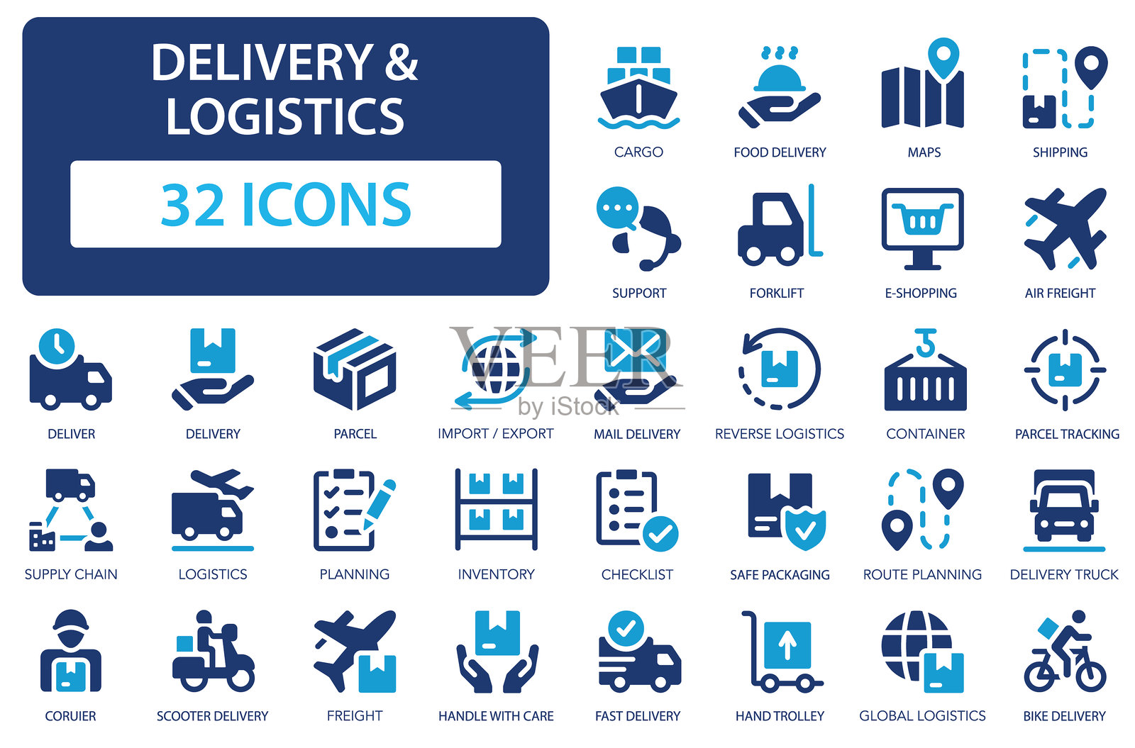 配送与物流图标集。运输、邮递、包裹、货运、分销标识集。插画图片素材