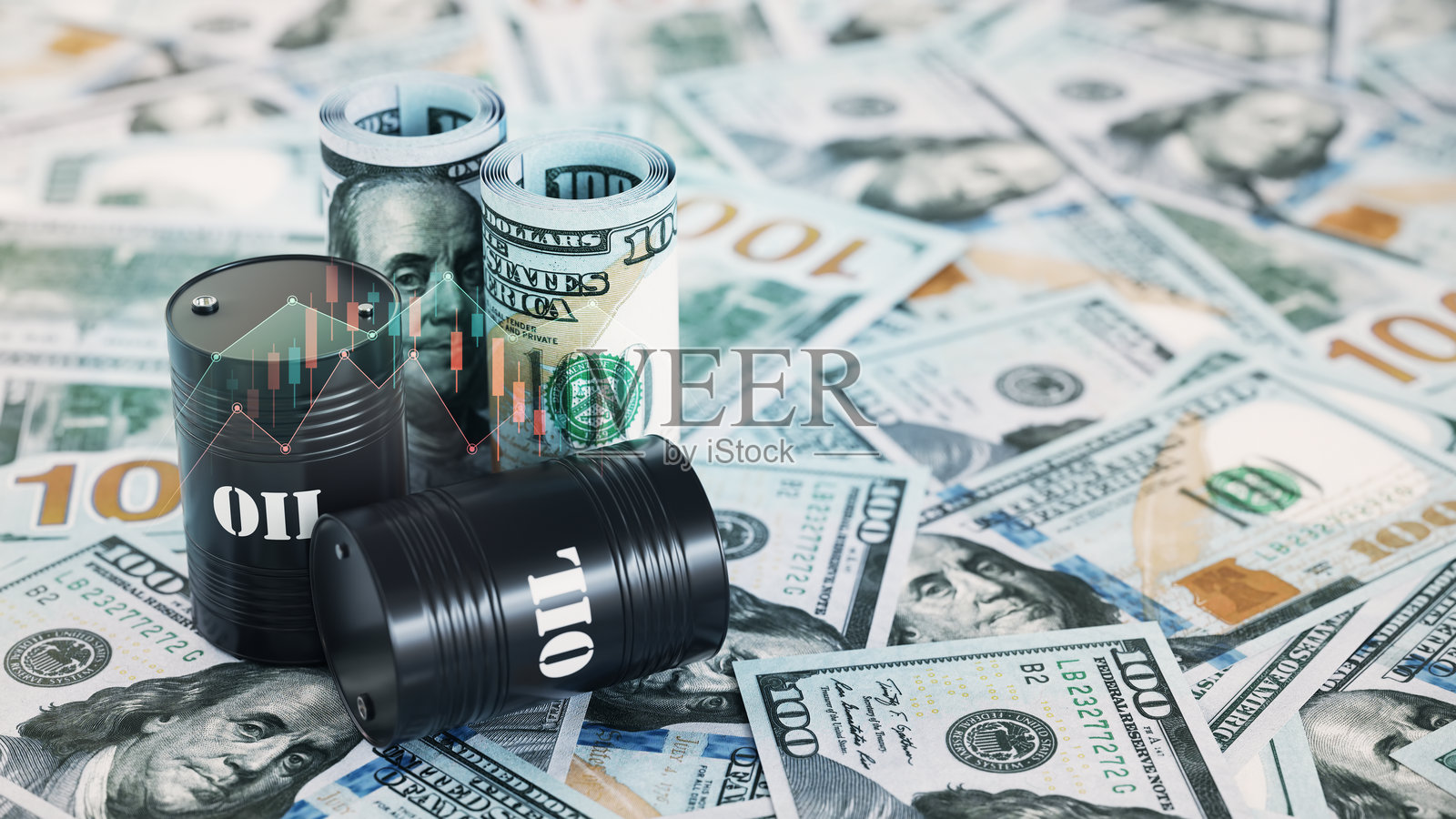 100美元钞票上的黑色油桶和金融图表照片摄影图片