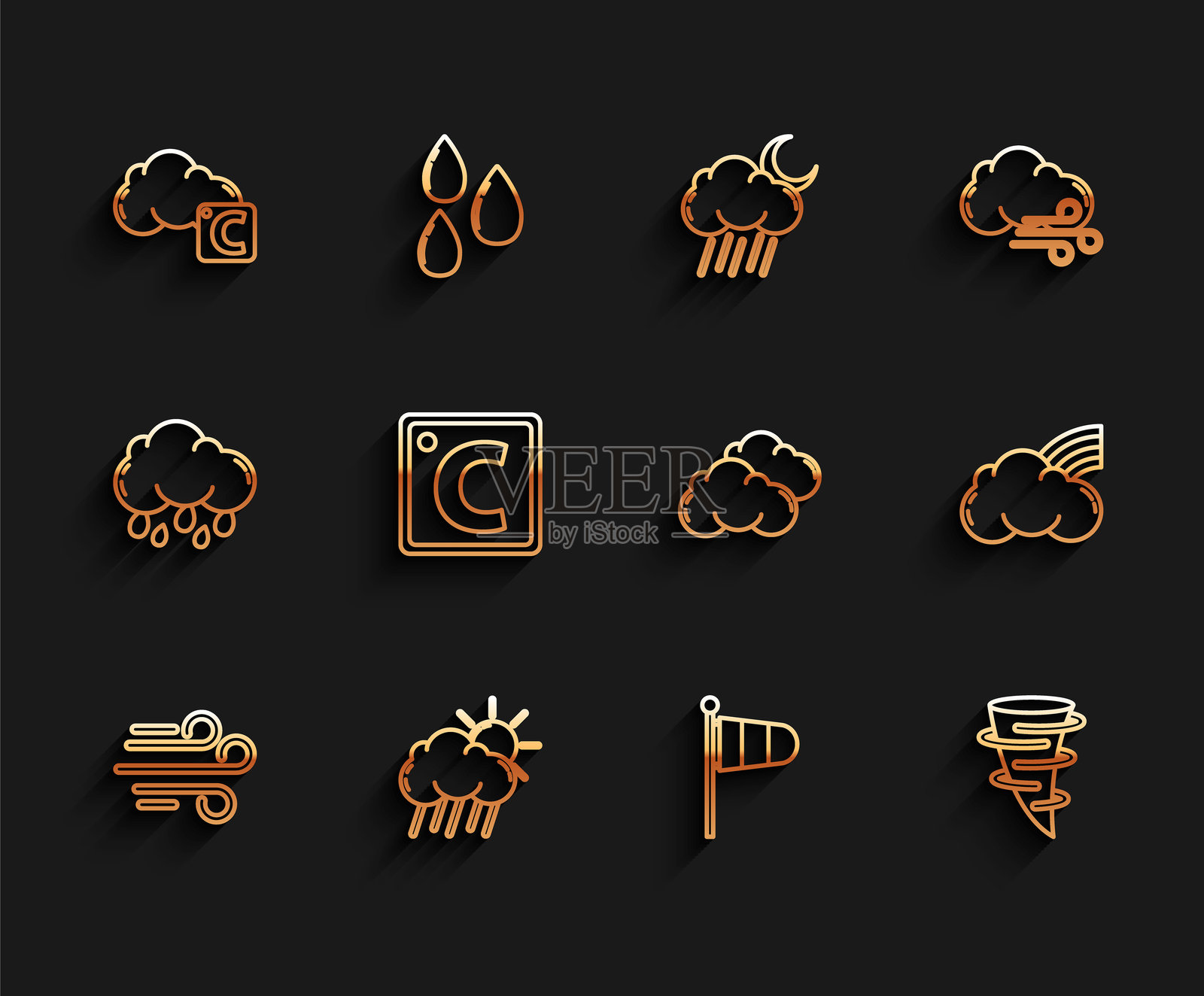 风、雨、晴、摄氏度云、气象风筒风向标、龙卷风、彩虹云和图标的线条集合。矢量图插画图片素材