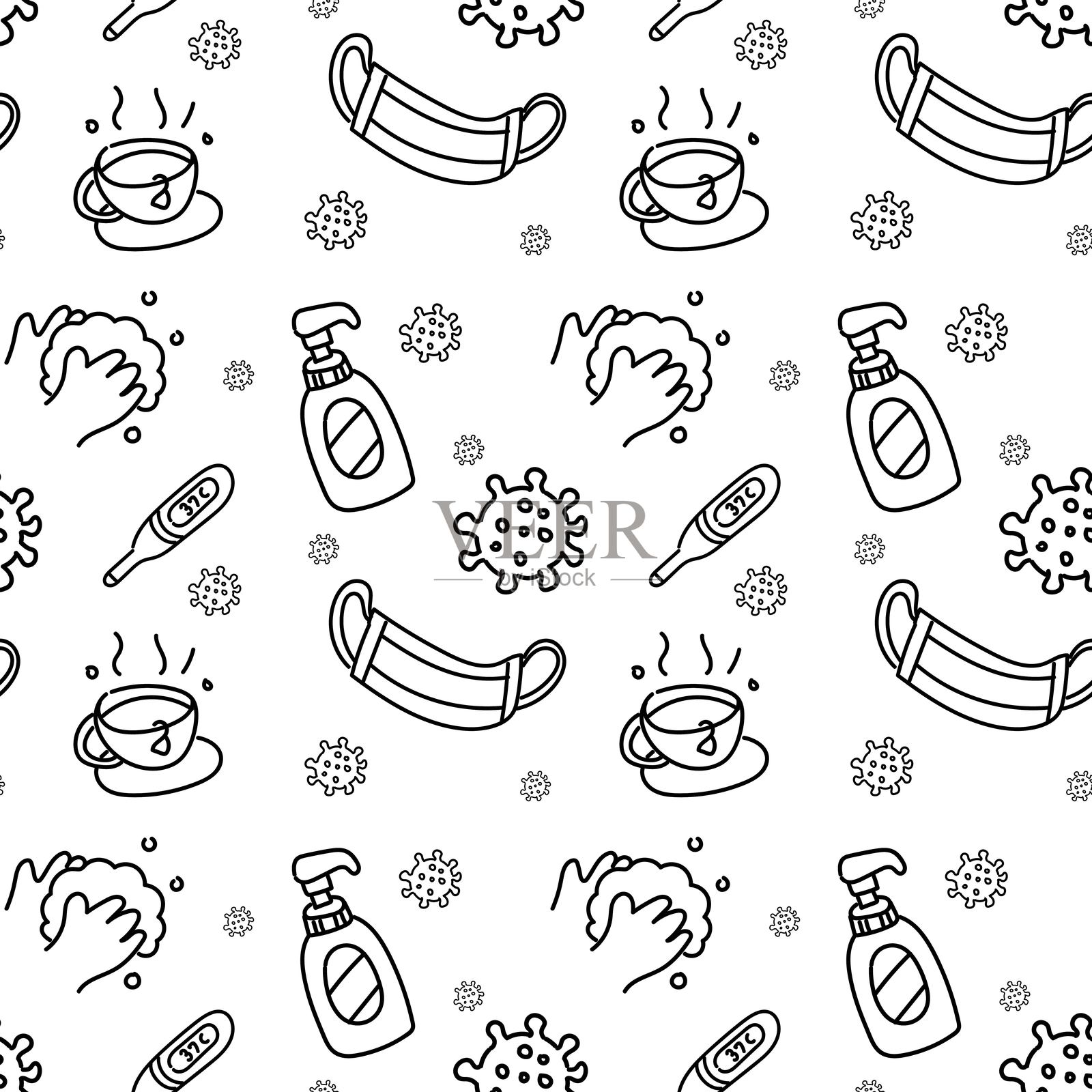 医疗保健图案，无缝背景，卫生口罩，肥皂，洗手，病毒，消毒剂，茶，矢量插画插画图片素材
