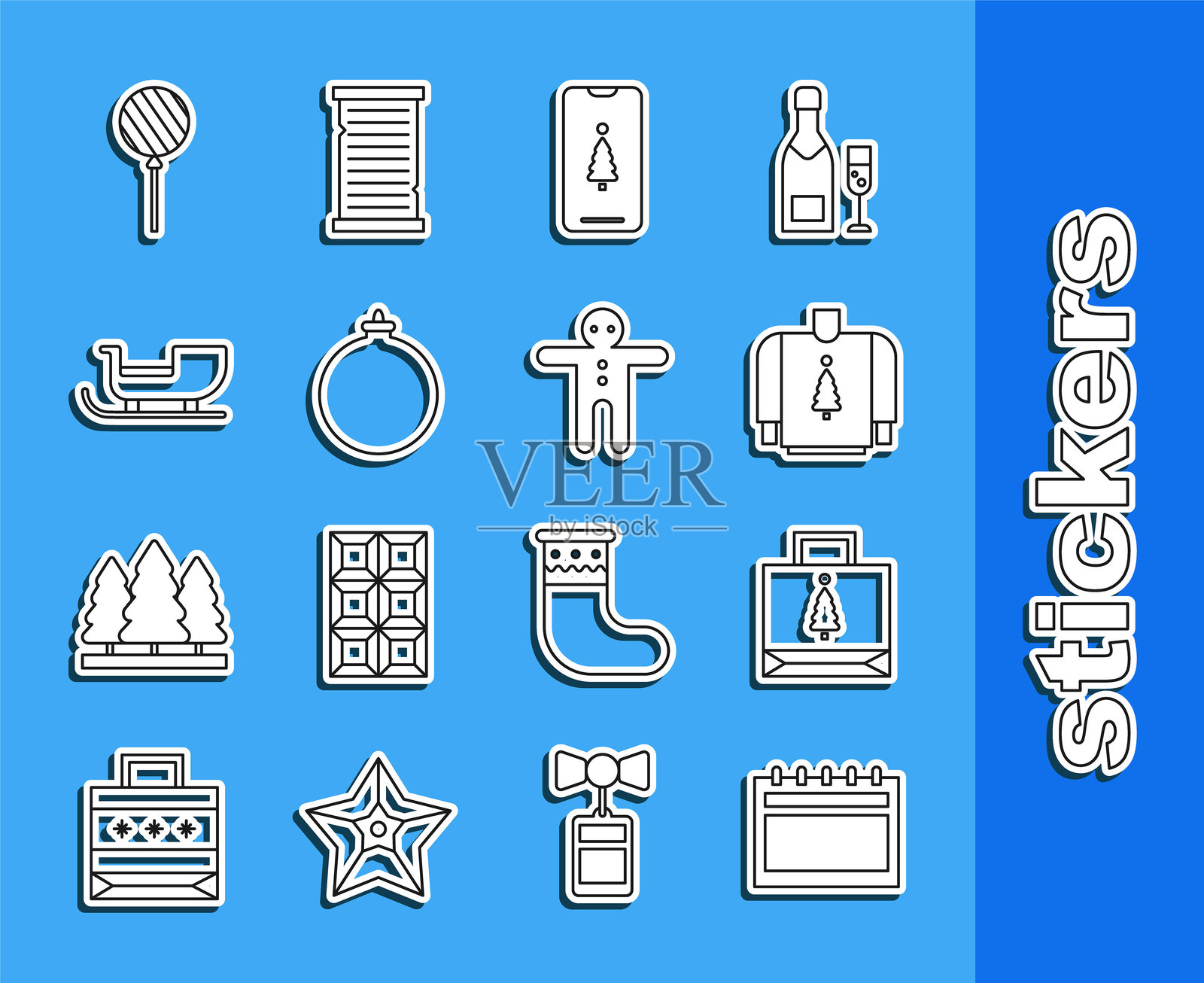 日历、圣诞节纸购物袋、毛衣、带礼品盒的智能手机、球、圣诞老人雪橇、棒棒糖和节日姜饼人饼干图标的线条集。矢量图插画图片素材