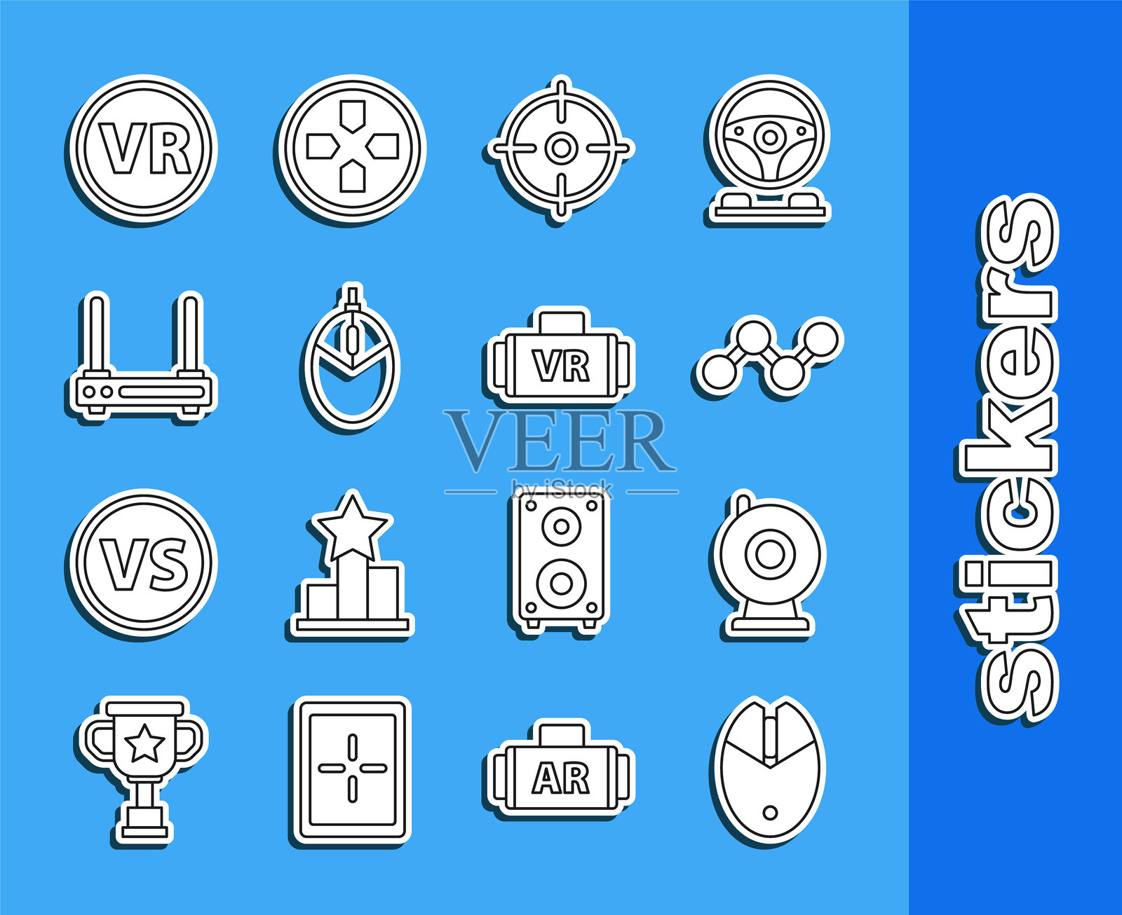 线条组合：游戏电脑鼠标、网络摄像头、分享、射击运动、路由器与无线网络信号、虚拟现实眼镜及图标。矢量图插画图片素材